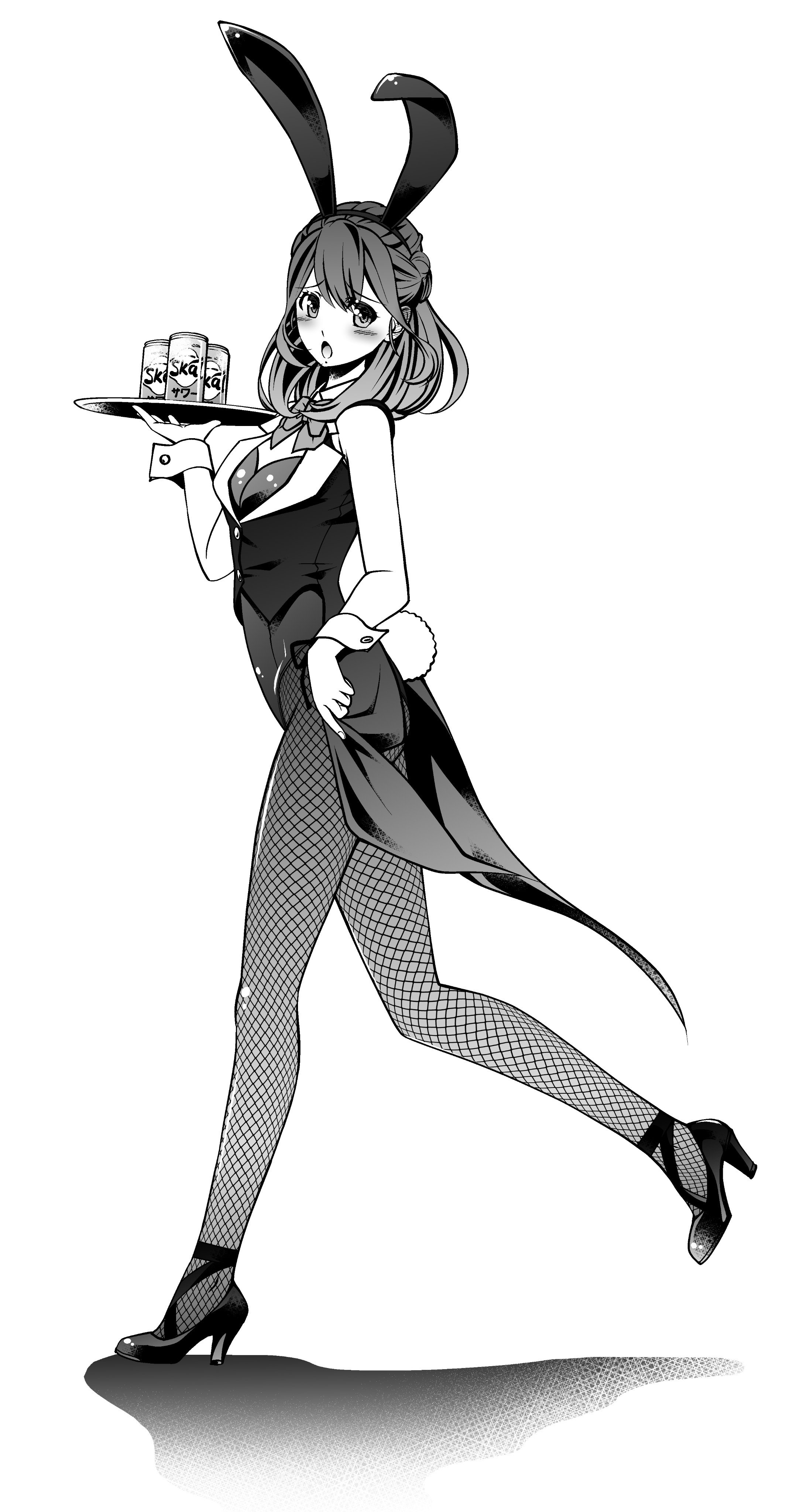 eibon, senomiya akiho, robotics;notes, science adventure, absurdres, highres, 1girl, :o, animal ears, bare shoulders, blush, bow, bowtie, breasts, cleavage cutout, clothing cutout, cup, detached collar, fake animal ears, fishnets, full body, greyscale, high heels, holding, holding tray, leotard, long hair, looking at viewer, monochrome, open mouth, pantyhose, playboy bunny, rabbit ears, rabbit tail, simple background, skal, small breasts, solo, standing, tail, tongue, tray, white background, wrist cuffs