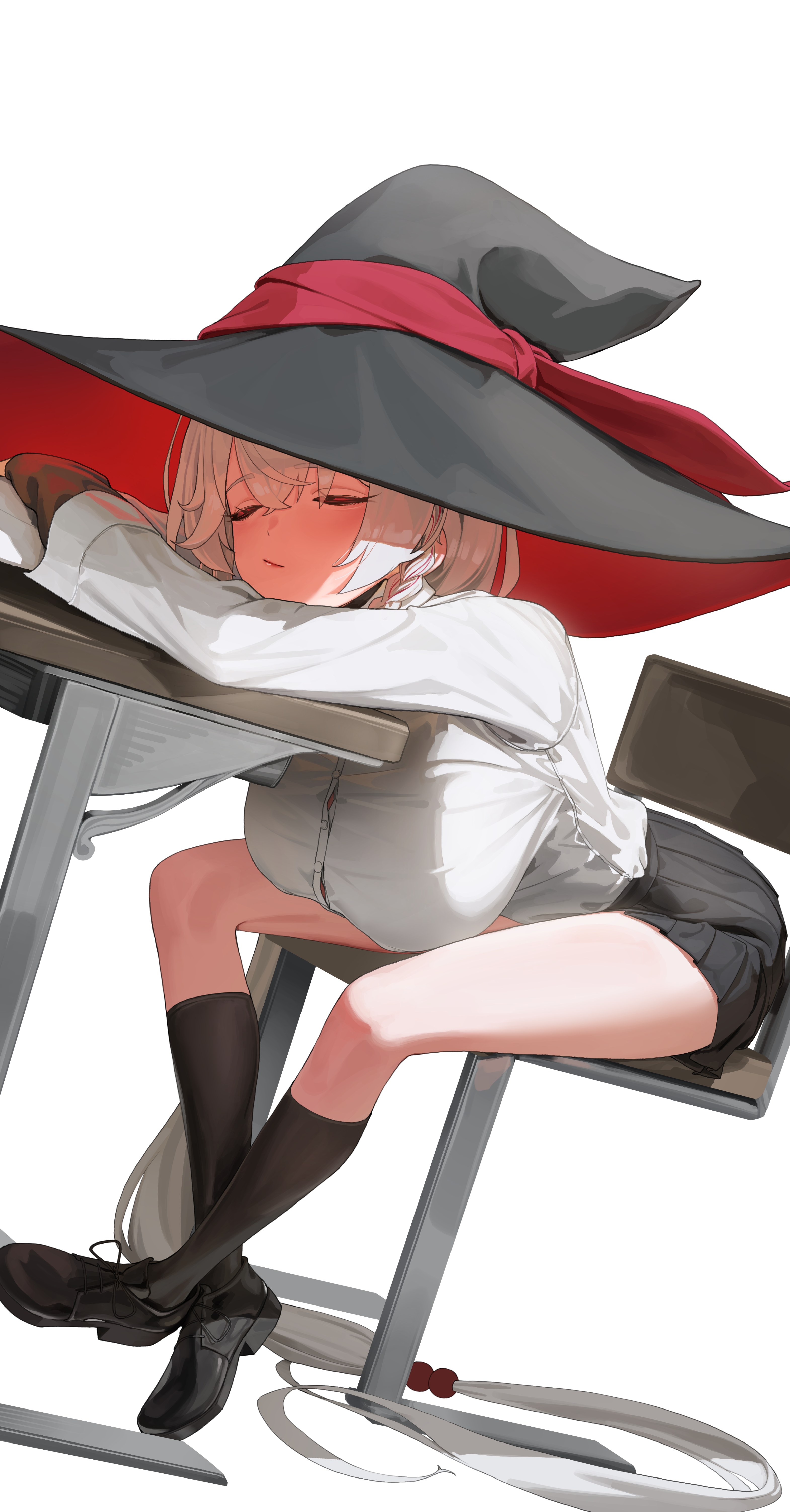 tagua, eri (blue archive), blue archive, absurdres, commentary, highres, symbol-only commentary, 1girl, against table, arm rest, black hat, black shoes, black skirt, black socks, braid, breasts, button gap, buttons, chair, closed eyes, closed mouth, crossed bangs, dutch angle, hair between eyes, hair bobbles, hair ornament, hanging breasts, hat, hat ribbon, head rest, kneehighs, large breasts, leaning on table, legs, long hair, long sleeves, low-tied long hair, multicolored hair, no halo, no jacket, on chair, pleated skirt, red ribbon, red streaks, ribbon, shirt, shirt tucked in, shoes, simple background, single braid, sitting, skirt, sleeping, socks, solo, streaked hair, table, thighs, two-sided fabric, two-sided headwear, white background, white hair, white shirt, witch hat