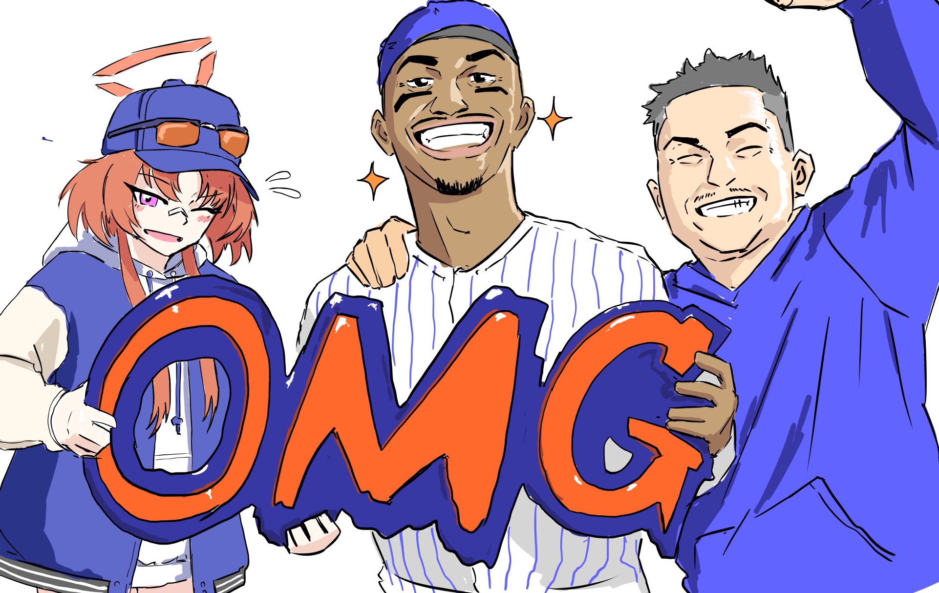 rei (blue archive), blue archive, real life, highres, 2boys, akuru (suruasomsies), artist self-insert, bandaid, bandaid on face, bandaid on nose, baseball cap, baseball jersey, blue hat, blue jacket, blue sweater, crossover, dark-skinned male, dark skin, eyewear on head, francisco lindor, grin, halo, hat, hood, hooded sweater, jacket, jersey, letterman jacket, multiple boys, new york mets, one eye closed, orange eyes, orange hair, orange halo, shirt, short hair, smile, striped clothes, striped shirt, sunglasses, sweater