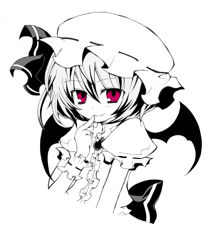 nejikirio, remilia scarlet, touhou, 1girl, bat wings, female focus, greyscale, hat, monochrome, red eyes, short hair, smile, solo, spot color, wings