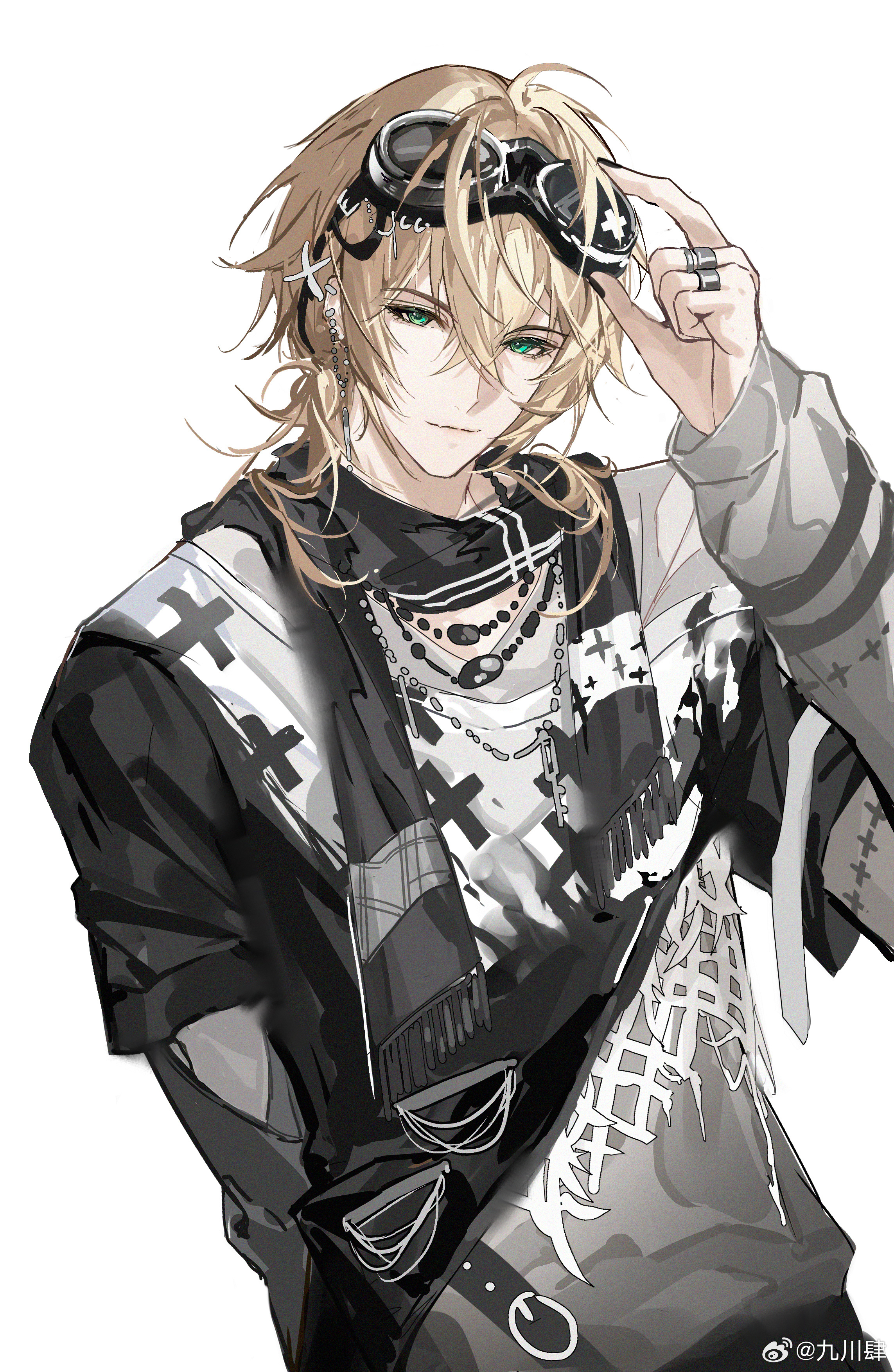 jiuchuansi, alkaid mcgrath, lovebrush chronicles, absurdres, highres, 1boy, adjusting eyewear, ahoge, bead necklace, beads, black scarf, black shirt, blonde hair, closed mouth, crossed bangs, earrings, fringe trim, goggles, goggles on head, green eyes, grey shirt, hair between eyes, hand on eyewear, jewelry, layered shirt, layered sleeves, long sleeves, looking at viewer, male focus, medium hair, multiple necklaces, multiple rings, necklace, official alternate costume, ring, scarf, shirt, short over long sleeves, short sleeves, simple background, smile, solo, torn clothes, torn shirt, upper body, watermark, weibo watermark, white background, white shirt