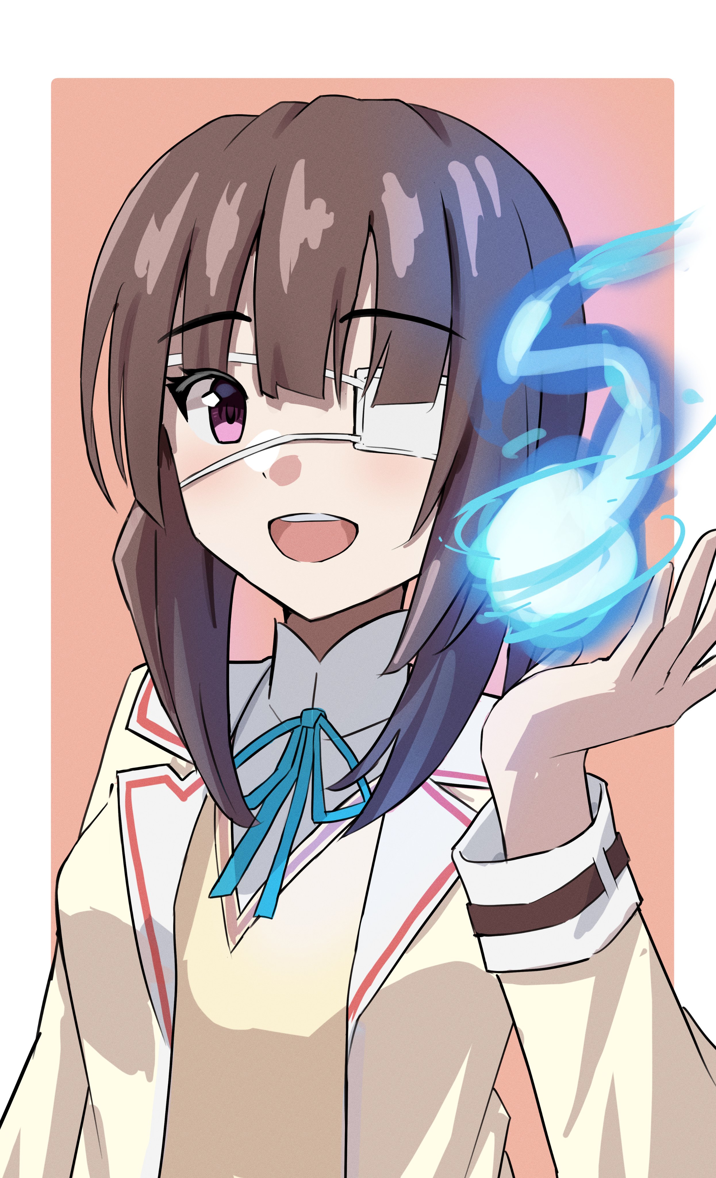 mok kan, hiiragi kozue, heaven burns red, absurdres, highres, 1girl, blue fire, breasts, brown hair, eyepatch, fire, jacket, long sleeves, medium hair, one eye covered, purple eyes, solo
