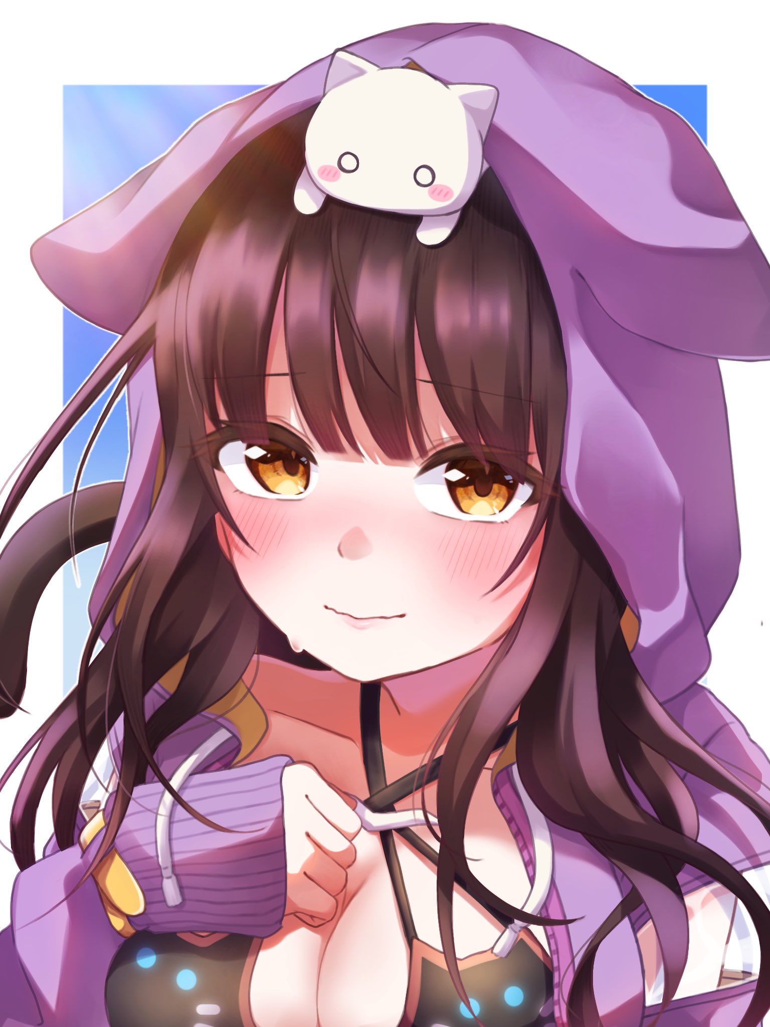 asakura karen (heaven burns red), heaven burns red, highres, 1girl, animal, animal hood, animal on head, black hair, breasts, cleavage, collarbone, hood, hood up, long hair, long sleeves, mii hvbn, on head, solo, tail, yellow eyes