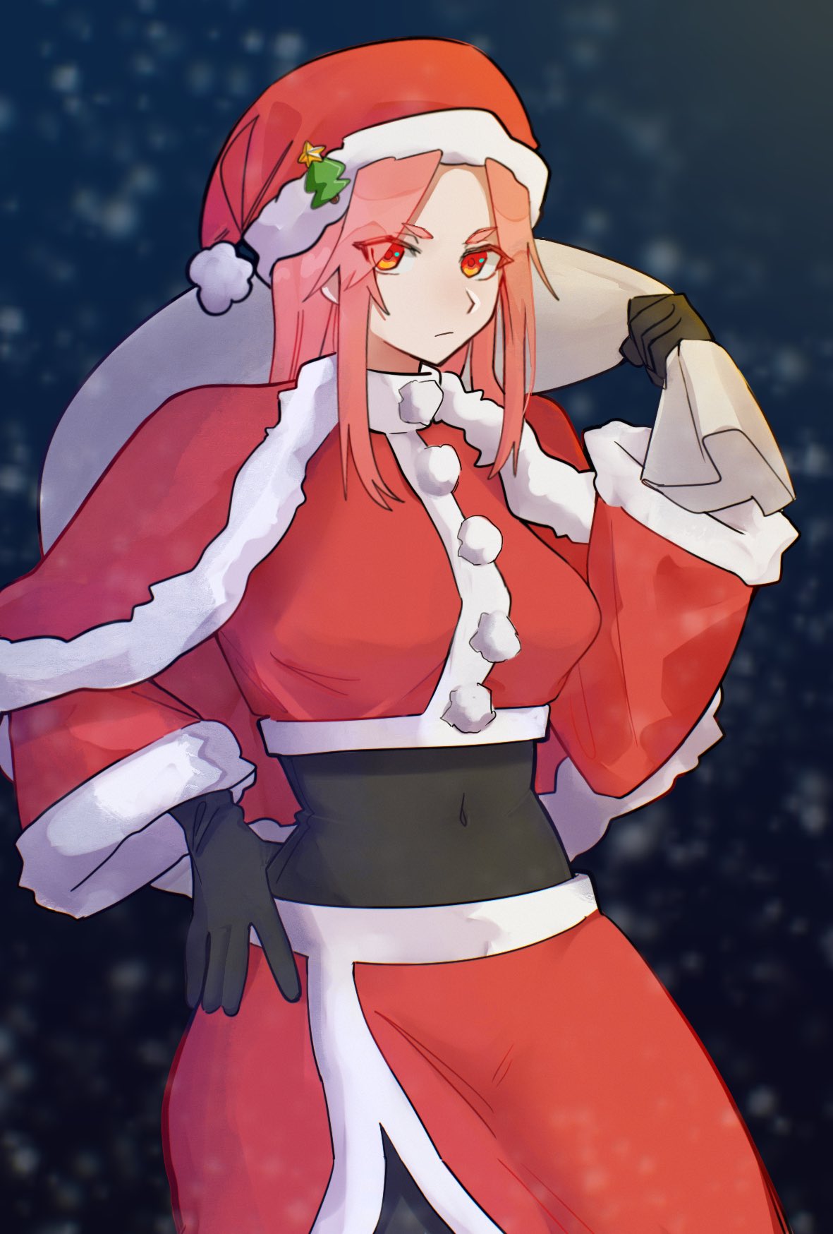 maria de angelis, heaven burns red, highres, 96oib, breasts, christmas, dress, fur-trimmed dress, fur-trimmed headwear, fur trim, hat, large breasts, parted bangs, red eyes, red hair, sack, santa costume, santa dress, santa hat