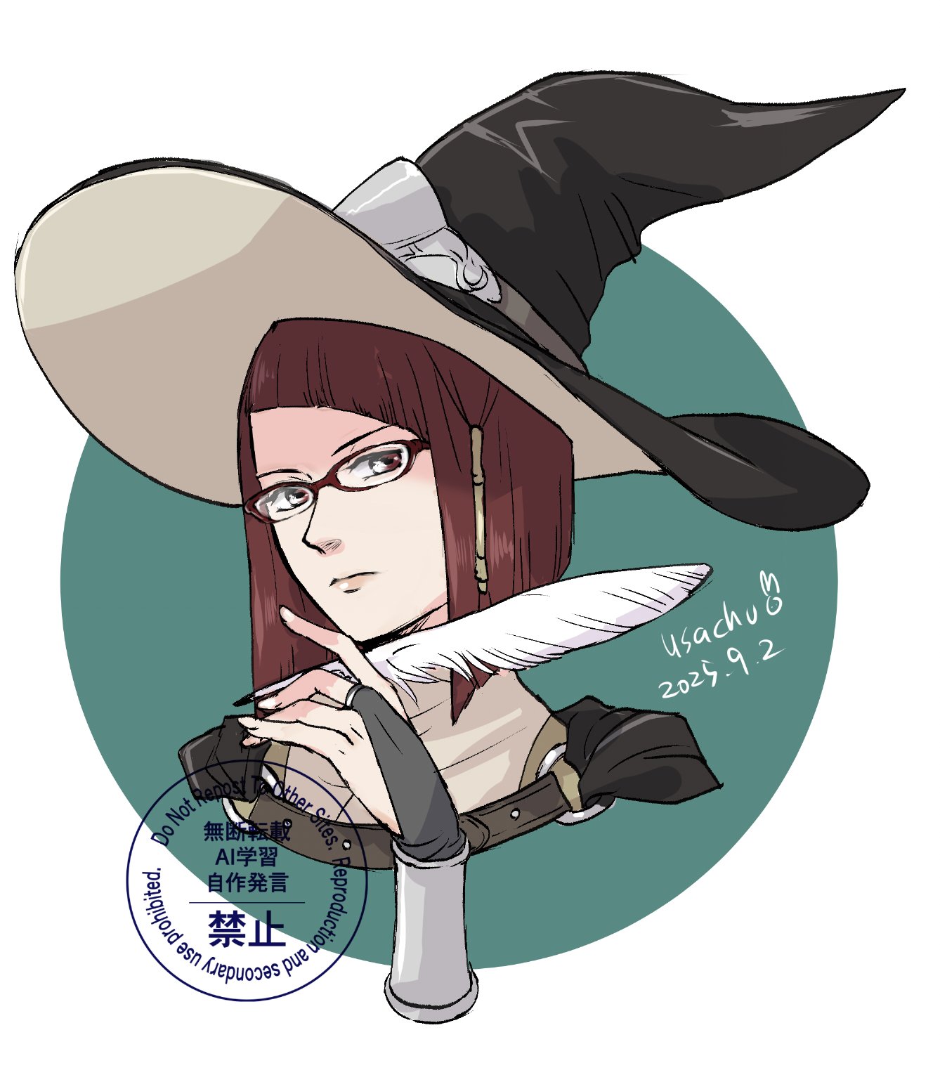 usachu now, miriel (fire emblem), fire emblem, fire emblem awakening, nintendo, highres, 1girl, artist name, black hat, bridal gauntlets, closed mouth, dated, expressionless, glasses, hat, holding, holding quill, looking at viewer, quill, red eyes, red hair, short hair, simple background, solo, upper body, witch hat