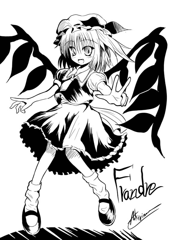 a kirima, flandre scarlet, touhou, 1girl, character name, fang, female focus, full body, greyscale, hat, loose socks, mob cap, monochrome, short hair, simple background, skirt, smile, socks, solo, white background, wings