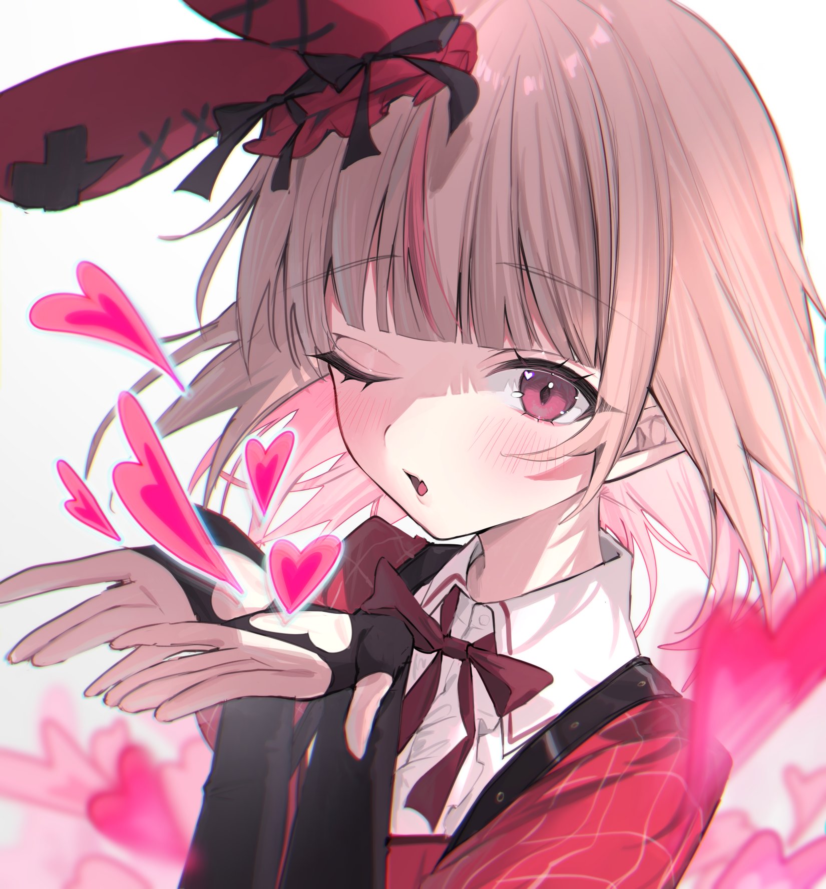 harui (hr x9 ), makaino ririmu, nijisanji, highres, 1girl, black bow, black gloves, blowing kiss, blunt bangs, blush, bob cut, bow, bowtie, center frills, clothing cutout, collar, colored inner hair, dress, elbow gloves, fang, fingerless gloves, floating hair, frills, glove cutout, gloves, grey hair, hands up, hat, hat bow, heart, heart cutout, idol clothes, layered dress, looking at viewer, medium hair, mini hat, multicolored hair, official alternate costume, official alternate hairstyle, one eye closed, parted lips, pink hair, plaid clothes, plaid dress, plaid sleeves, pointy ears, portrait, puffy short sleeves, puffy sleeves, rabbit ear headwear, red bow, red bowtie, red dress, red eyes, red sleeves, short sleeves, shoulder strap, simple background, skin fang, solo, streaked hair, virtual youtuber, white background, white collar