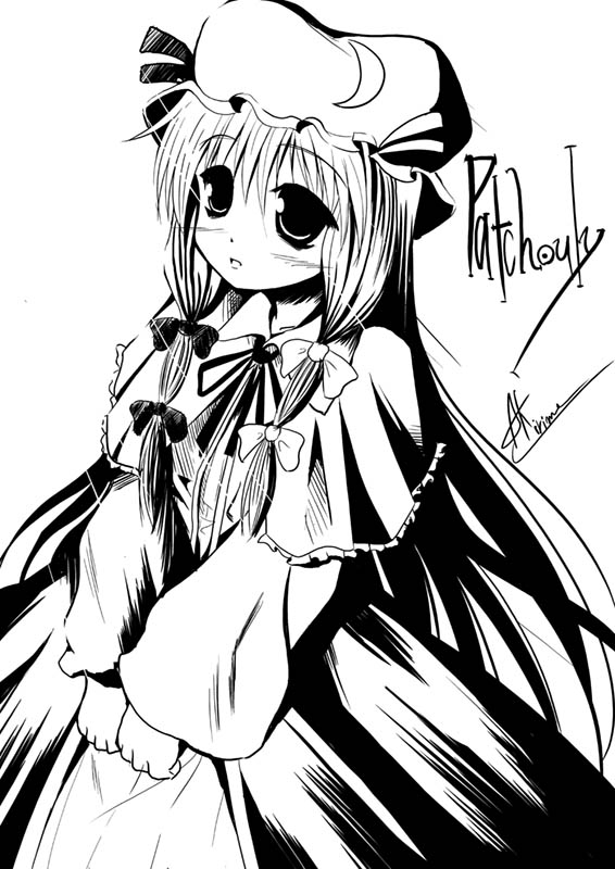 a kirima, patchouli knowledge, touhou, 1girl, blush, female focus, greyscale, hat, lingerie, long hair, monochrome, nightgown, ribbon, solo, underwear, white background