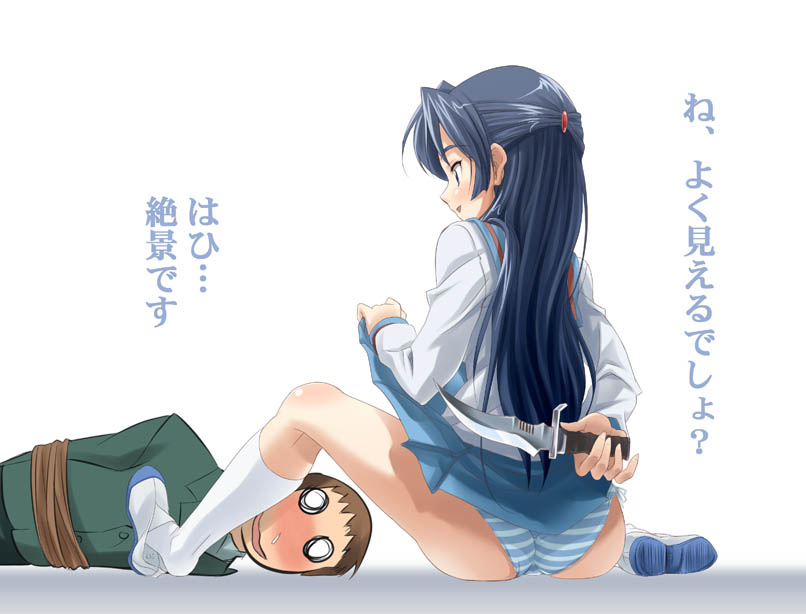 hiro kazuki, asakura ryoko, kyon, suzumiya haruhi no yuuutsu, translation request, 00s, 1boy, 1girl, ass, bdsm, blue eyes, blue hair, bondage, bound, clothes lift, femdom, half updo, knife, lifting own clothes, panties, school uniform, serafuku, skirt, skirt lift, striped clothes, striped panties, underwear, upskirt