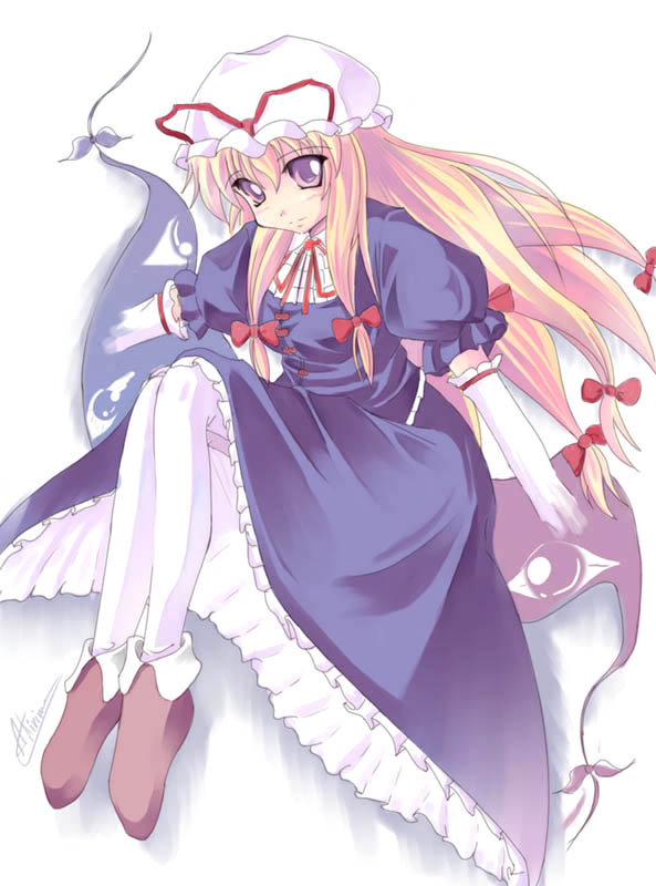 a kirima, yakumo yukari, touhou, 1girl, blonde hair, dress, female focus, gap (touhou), long hair, pantyhose, purple eyes, ribbon, solo, white background