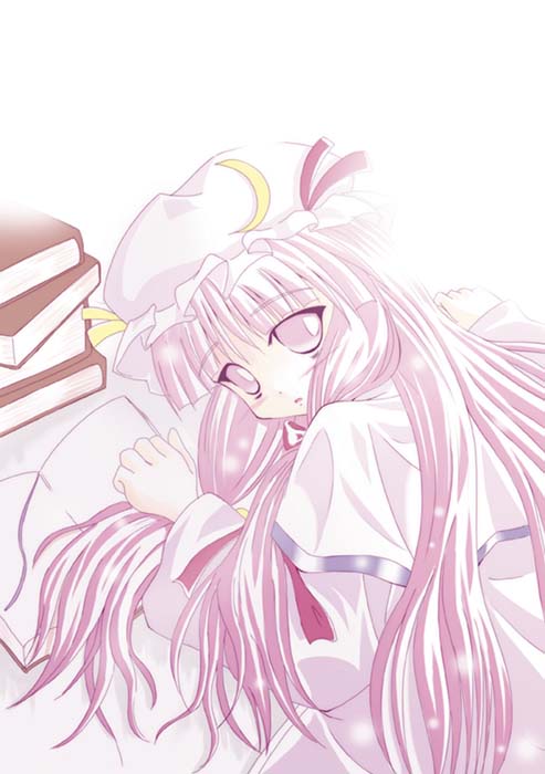 a kirima, patchouli knowledge, touhou, 1girl, blush, book, female focus, hat, long hair, purple eyes, purple hair, solo, white background