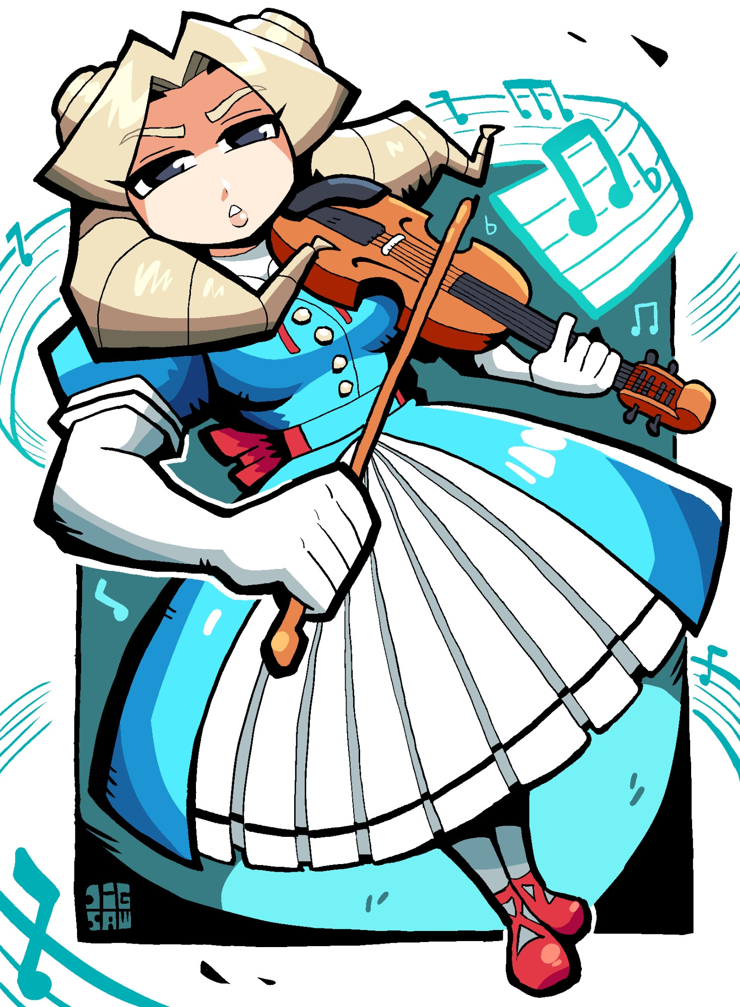 digsaw, kirishima yurika, justice gakuen, moero! justice gakuen, commentary, commission, highres, skeb commission, 1girl, aqua dress, artist name, back ribbon, blonde hair, bow (music), cross-laced shoes, dress, drill hair, elbow gloves, gloves, instrument, long hair, music, musical staff, pantyhose, red ribbon, red shoes, ribbon, shoes, solo, twin drills, violin, white gloves, white pantyhose