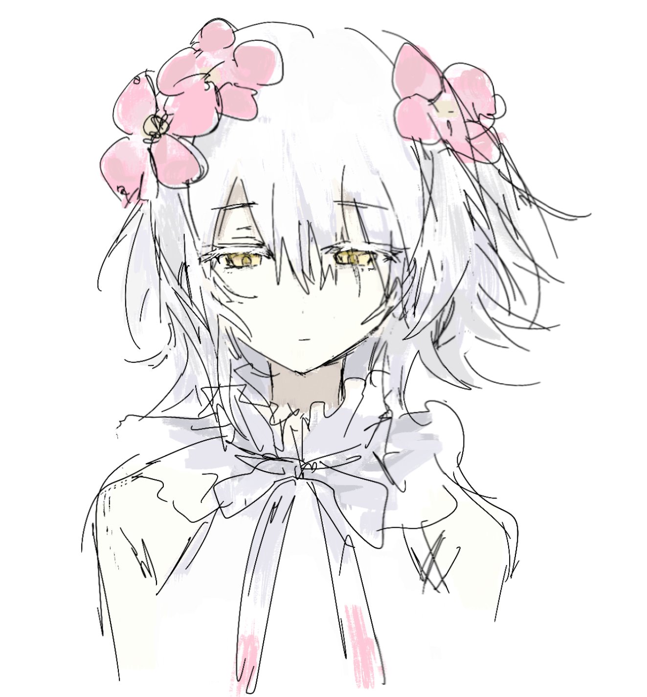 kudou chitose, nijisanji, highres, 1girl, bare shoulders, bow, bowtie, closed mouth, collared dress, colored eyelashes, cropped torso, dot nose, dress, expressionless, flower, frilled dress, frills, gradient bow, gradient bowtie, grey bow, grey bowtie, hair between eyes, hair flower, hair ornament, half-closed eyes, pink bow, pink bowtie, pink flower, reihi (w), short hair, simple background, sketch, sleeveless, sleeveless dress, solo, straight-on, two-tone bow, two-tone bowtie, virtual youtuber, white background, white dress, white hair, yellow eyes