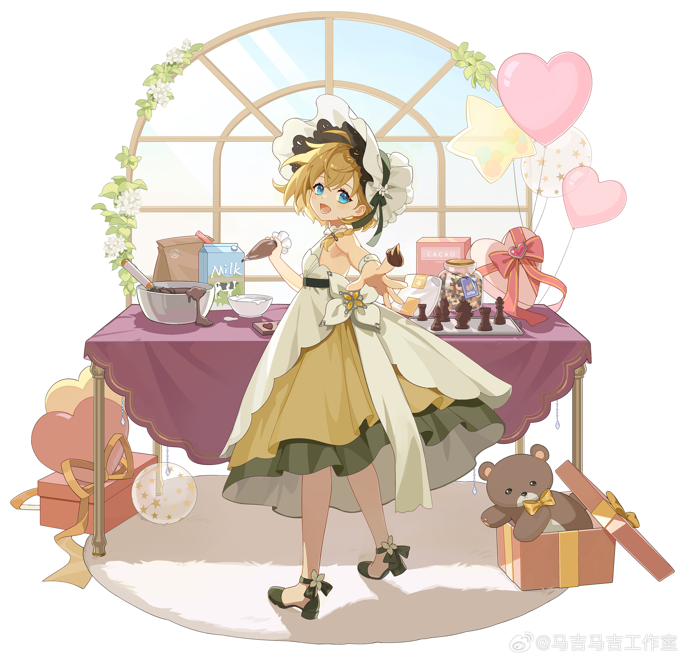 majimaji studio, higan: eruthyll, absurdres, chinese commentary, highres, official art, 1girl, :d, ankle flower, ankle ribbon, arched window, bag, balloon, bare shoulders, blonde hair, blue eyes, bonnet, border, box, braid, chess piece, chocolate, chocolate making, chocolate mold, chocolate on hand, dress, empire waist, flower, food, food art, food on hand, frilled bonnet, frills, from behind, full body, fur rug, gift, gift box, granulated sugar, green ribbon, green shoes, hair between eyes, halter dress, halterneck, heart-shaped box, heart balloon, holding, holding pastry bag, jar, kitten heels, layered dress, leg ribbon, looking at viewer, looking back, medium dress, milk carton, mixing bowl, multicolored dress, muntins, nut (food), open mouth, outstretched arm, paper bag, pastry bag, petite, plant, pleated dress, ribbon, rooco, rug, shoes, short hair, side braid, smile, solo, standing, star balloon, stuffed animal, stuffed toy, table, tablecloth, teddy bear, vines, whisk, white dress, white flower, white wrist cuffs, window, wrist cuffs, yellow dress