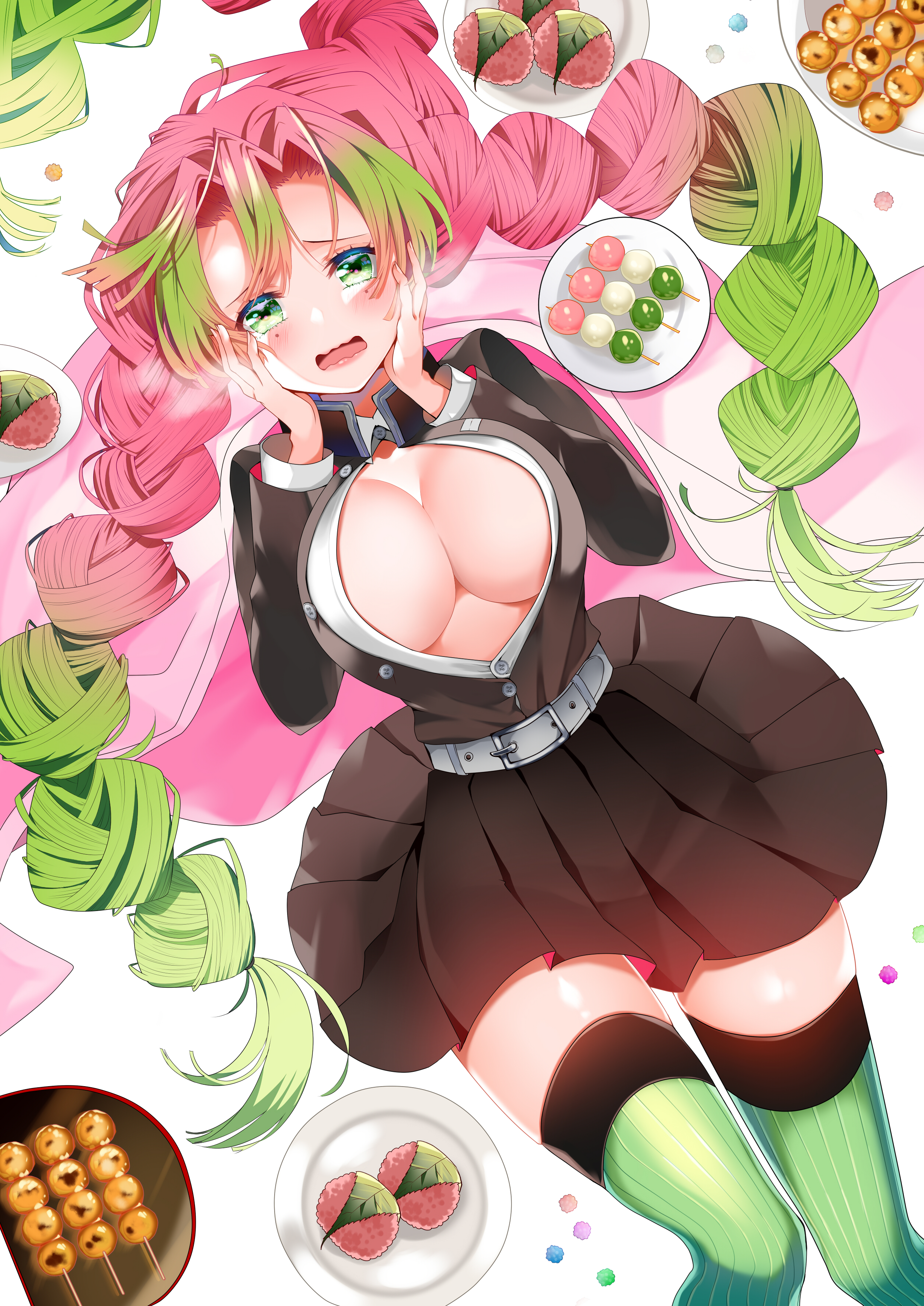 piyopoyo, kanroji mitsuri, kimetsu no yaiba, absurdres, highres, 1girl, belt, black jacket, black skirt, blush, braid, breasts, buttons, cleavage, collared shirt, dango, demon slayer uniform, embarrassed, food, gradient hair, green eyes, green hair, green thighhighs, hair between eyes, hands on own cheeks, hands on own face, hands up, jacket, knee up, large breasts, leaf, lips, long hair, looking at viewer, lying, military, military uniform, mitarashi dango, mochi, mole, mole under eye, multicolored hair, no bra, on back, open clothes, open mouth, open shirt, pink hair, plate, pleated skirt, ribbed thighhighs, sakura mochi, sanshoku dango, shirt, skirt, solo, thighhighs, thighs, tongue, tri braids, wagashi, wavy mouth, white shirt
