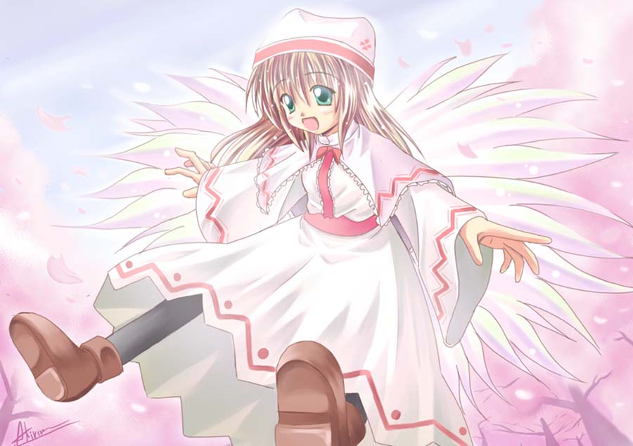 a kirima, lily white, touhou, 1girl, blonde hair, cherry blossoms, female focus, green eyes, hat, outdoors, pantyhose, plant, sky, smile, solo, tree, wings