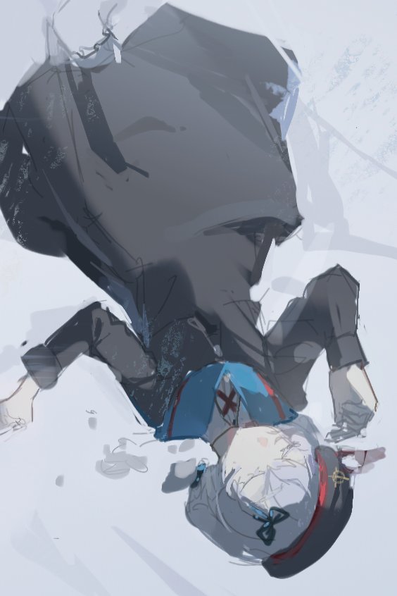 kudou chitose, nijisanji, 1girl, anemone (rei yri), black bow, black dress, black hat, blue sailor collar, bow, closed eyes, collared shirt, cowboy shot, dress, grey hair, hair bow, hair over one eye, hair spread out, hat, long dress, long sleeves, lying, newsboy cap, on back, outdoors, sailor collar, shirt, shirt under dress, short hair, sideways hat, snow, solo, upside-down, virtual youtuber, white shirt