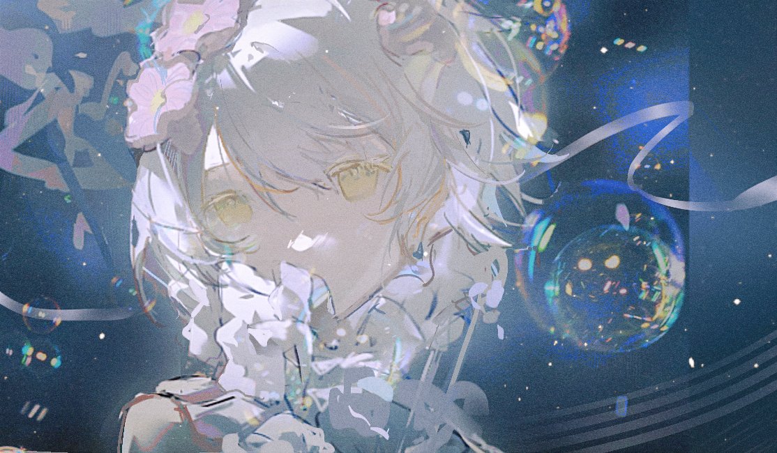 kudou chitose, nijisanji, 1girl, anemone (rei yri), bare shoulders, blue background, bubble, collar, colored eyelashes, covered mouth, detached collar, expressionless, floating hair, flower, frilled collar, frills, hair flower, hair ornament, high collar, light particles, looking at viewer, musical staff, pink flower, short hair, solo, upper body, virtual youtuber, white collar, white hair, yellow eyes