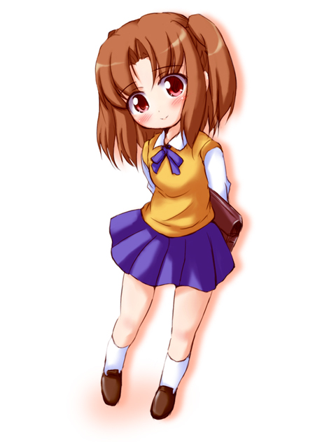 kojima tsuma, yumizuka satsuki, tsukihime, 00s, 1girl, arms behind back, bag, blue skirt, blush, female focus, school bag, school uniform, serafuku, skirt, solo