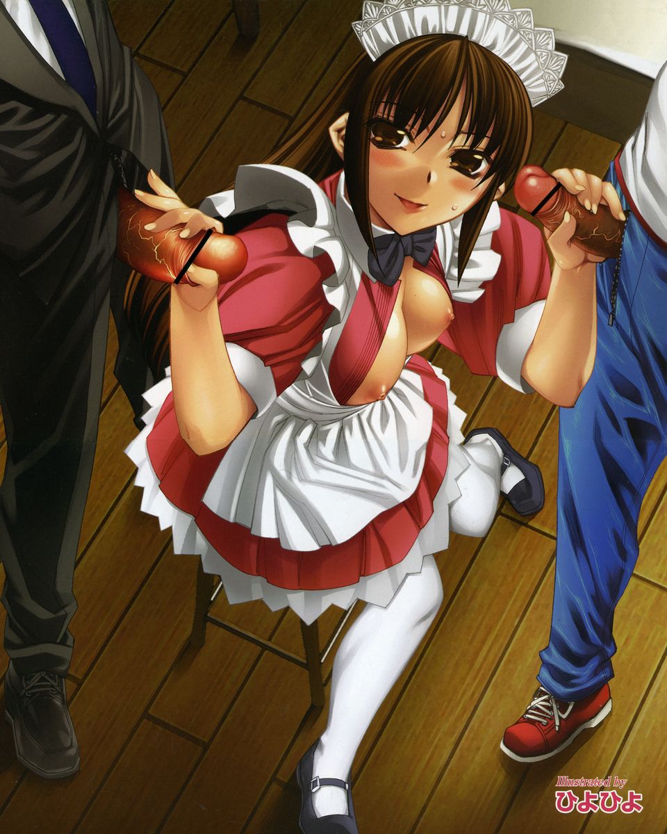 hiyohiyo, highres, 1girl, 2boys, apron, artist name, bar censor, blush, breasts, breasts out, brown eyes, brown hair, censored, chair, handjob, maid, maid apron, maid headdress, multiple boys, necktie, on chair, open clothes, open shirt, penis, shirt, shoes, sitting, solo focus, thighhighs, white thighhighs, wooden floor