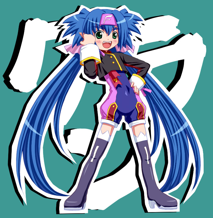 nekopuchi, klan klein, meltrandi, macross, macross frontier, >:d, 00s, 1girl, :d, aqua background, black boots, black thighhighs, blush, boots, buttons, character name, child, clenched hand, covered navel, crop top, emblem, female focus, flat chest, full body, hair between eyes, hand on own hip, hand up, happy, headband, high heel boots, high heels, legs apart, long hair, long sleeves, looking at viewer, military, military uniform, open mouth, outline, pointy ears, quad tails, raised fist, ribbon, s.m.s., sleeve cuffs, smile, solo, standing, thick eyebrows, thigh boots, thighhighs, twintails, unitard, v-shaped eyebrows, very long hair