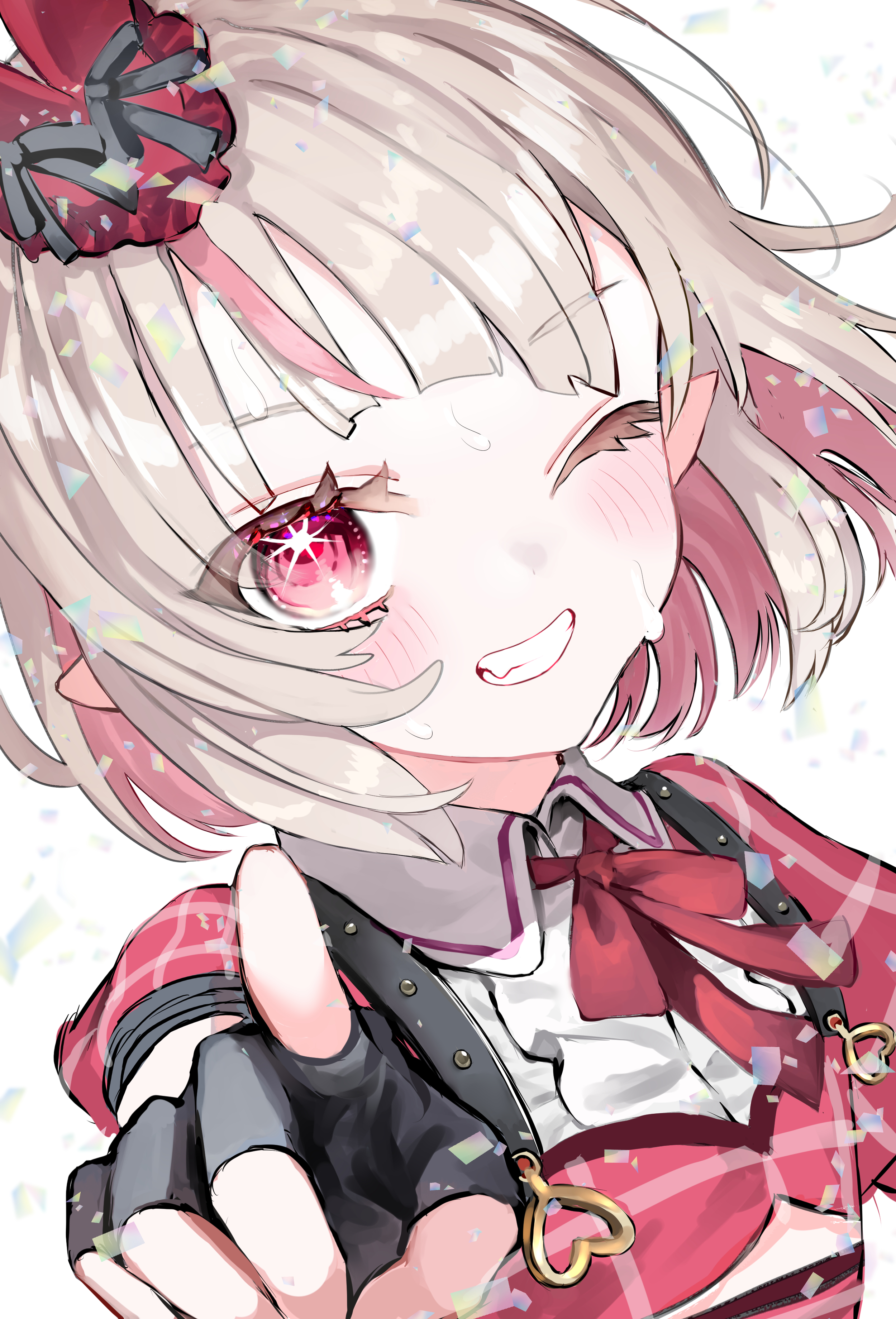 amanatsu uni, makaino ririmu, nijisanji, absurdres, highres, 1girl, black bow, black gloves, black sleeve cuffs, blunt bangs, blush, bob cut, bow, bowtie, center frills, clothing cutout, collar, colored inner hair, confetti, dress, dutch angle, fang, fingerless gloves, floating hair, frills, gloves, grey hair, grin, hat, hat bow, heart, heart o-ring, idol clothes, layered dress, looking at viewer, medium hair, mini hat, multicolored hair, o-ring, official alternate costume, official alternate hairstyle, one eye closed, pink hair, plaid clothes, plaid dress, plaid sleeves, pointing, pointing at viewer, pointy ears, puffy short sleeves, puffy sleeves, red bow, red bowtie, red dress, red eyes, red sleeves, short sleeves, shoulder strap, simple background, smile, solo, sparkling eyes, streaked hair, sweat, underboob cutout, upper body, virtual youtuber, white background, white collar