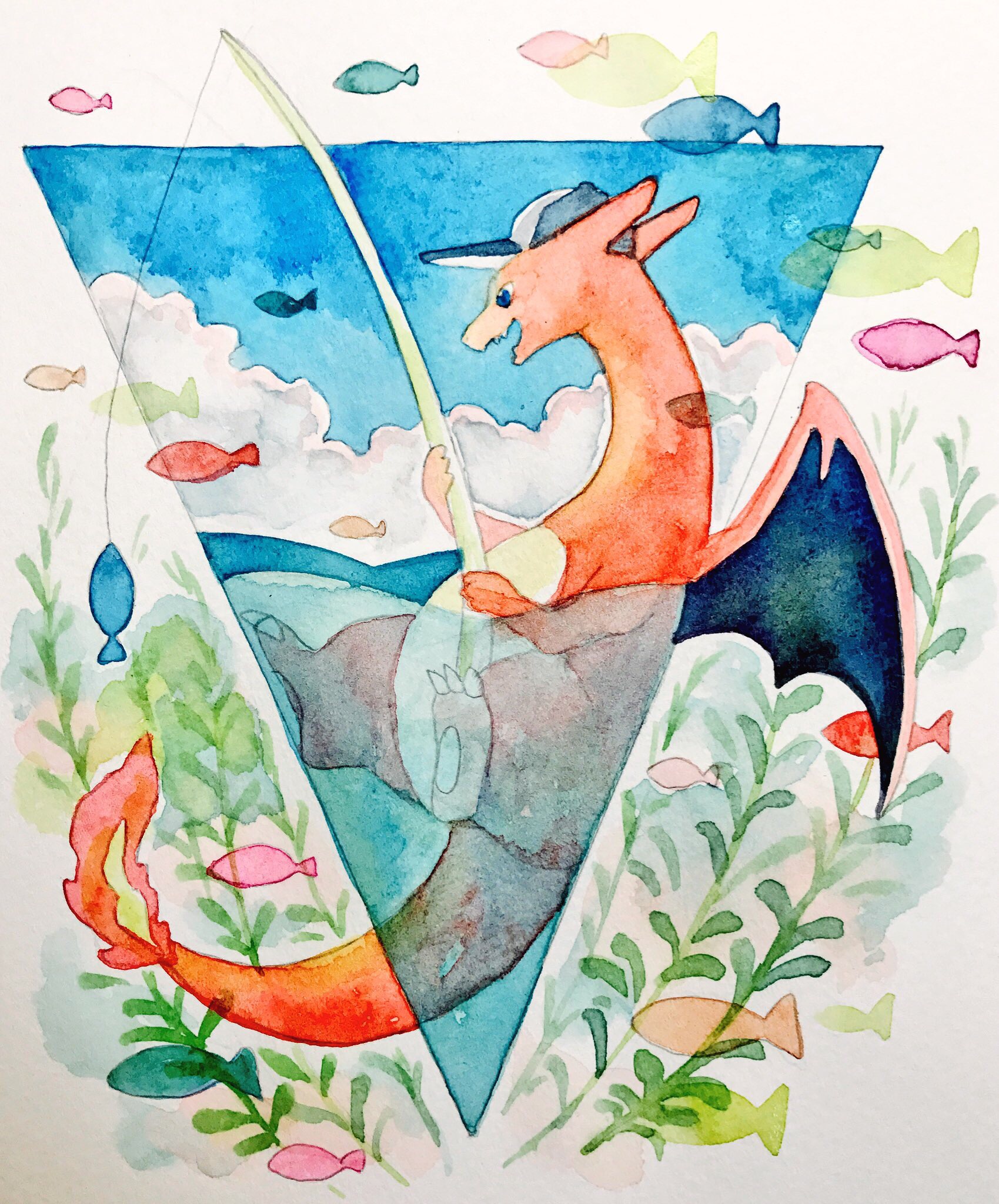 mint nappa, charizard, nintendo, pokemon, highres, painting (medium), traditional media, watercolor (medium), afloat, baseball cap, blue eyes, border, claws, cloud, fire, fishing rod, flame-tipped tail, gen 1 pokemon, hat, holding, holding fishing rod, no humans, open mouth, outdoors, pokemon (creature), sky, solo, tail, white border