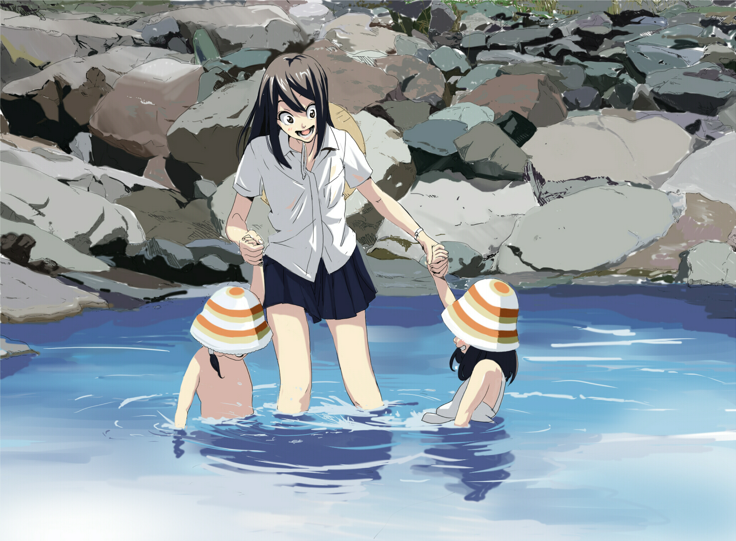 magomago, original, bad id, bad pixiv id, 3girls, :d, boulder, brown eyes, brown hair, hat, holding hands, long hair, multiple girls, nude, open mouth, rock, skirt, smile, wading, water, wet, wet clothes