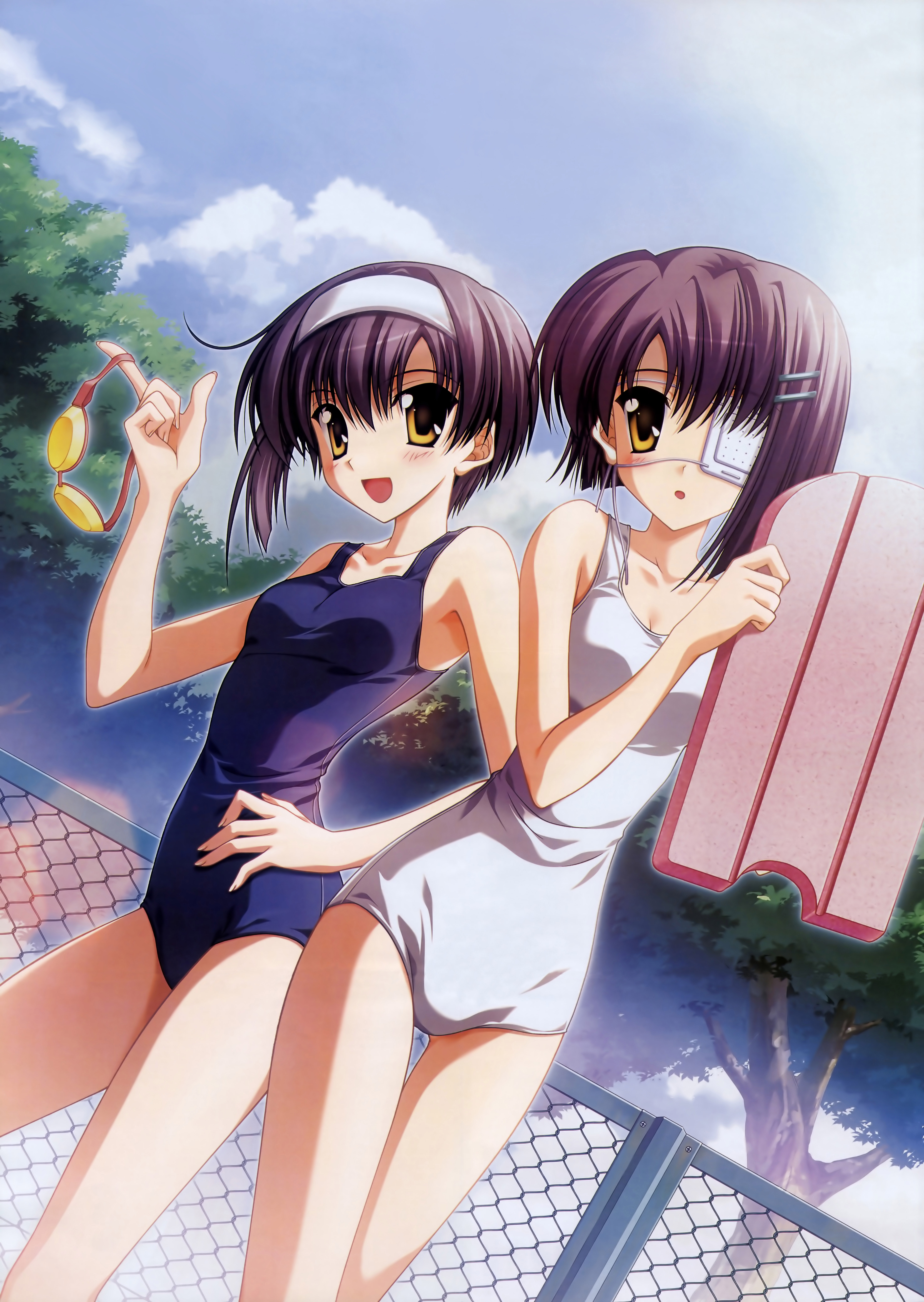 naru nanao, shindou chihiro, shindou kei (ef), ef ~a fairytale of the two~, ef ~a tale of memories~, absurdres, highres, 00s, 2girls, blue one-piece swimsuit, blush, breasts, chain-link fence, cloud, collarbone, eyepatch, fence, goggles, hair ornament, hairband, hairclip, hand on own hip, looking at viewer, multiple girls, one-piece swimsuit, open mouth, purple hair, school swimsuit, short hair, siblings, sisters, sky, small breasts, smile, swimsuit, tree, twins, unworn goggles, white one-piece swimsuit, yellow eyes