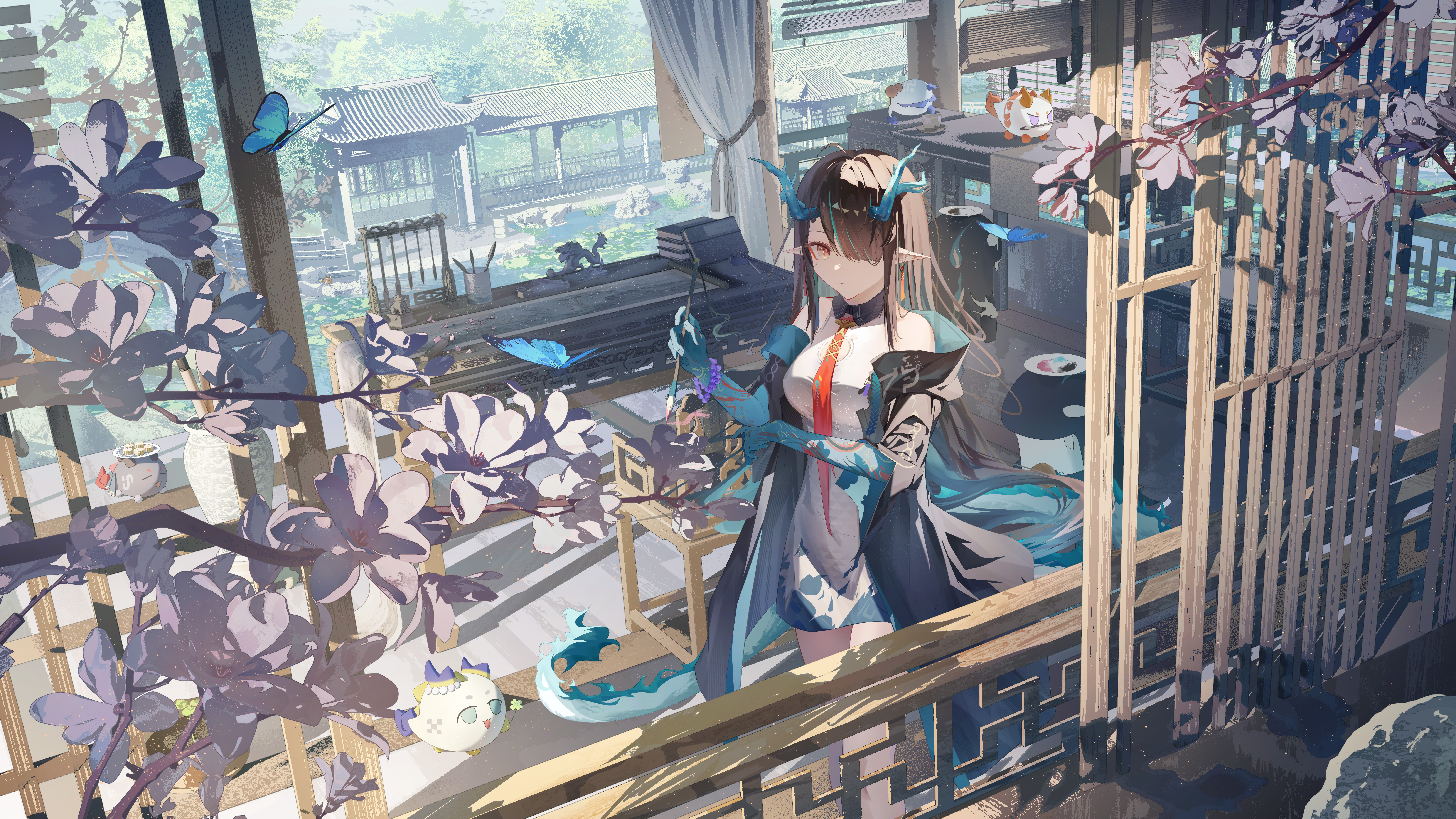 hui mou, bitey (arknights), chongyue (arknights), dusk (arknights), ling (arknights), nian (arknights), shu (arknights), arknights, absurdres, commentary request, highres, 1girl, absurdly detailed composition, animal, aqua gloves, architecture, black coat, black hair, blue butterfly, branch, breasts, brown eyes, bug, butterfly, closed mouth, coat, collared dress, day, dragon bubble (arknights), dress, earrings, east asian architecture, elbow gloves, expressionless, flower, gloves, grey flower, hair over one eye, holding, holding brush, insect, jewelry, large breasts, long bangs, long hair, long sleeves, looking at viewer, necktie, one eye covered, open clothes, open coat, paintbrush, pointy ears, red necktie, shadow, sleeveless, sleeveless dress, solo, straight hair, stuffed toy, sunlight, tail, white dress, wing collar