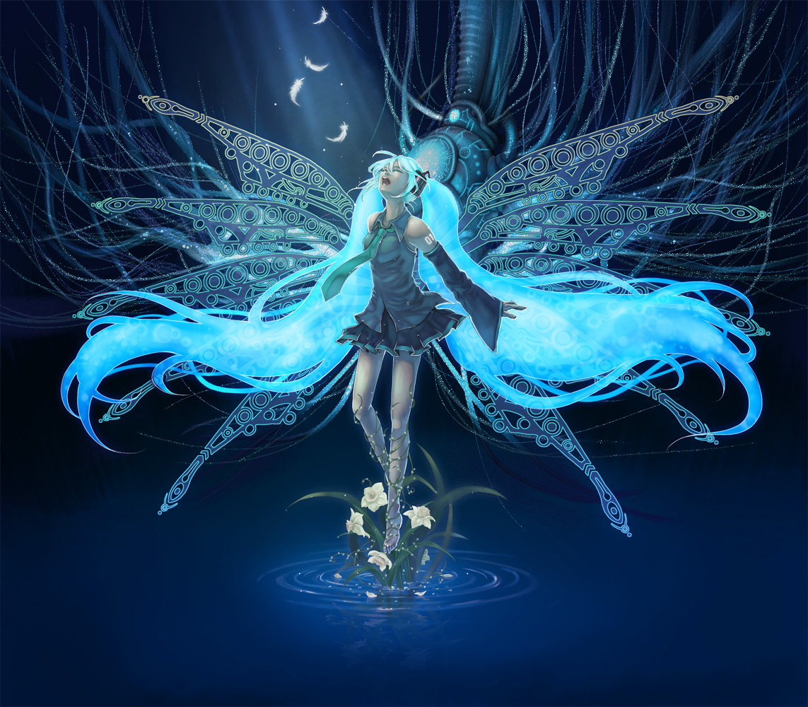 qoo (pixiv120340), hatsune miku, vocaloid, 1girl, aqua hair, barefoot, closed eyes, daffodil, detached sleeves, feathers, female focus, flower, long hair, machine, necktie, solo, twintails, water, wings