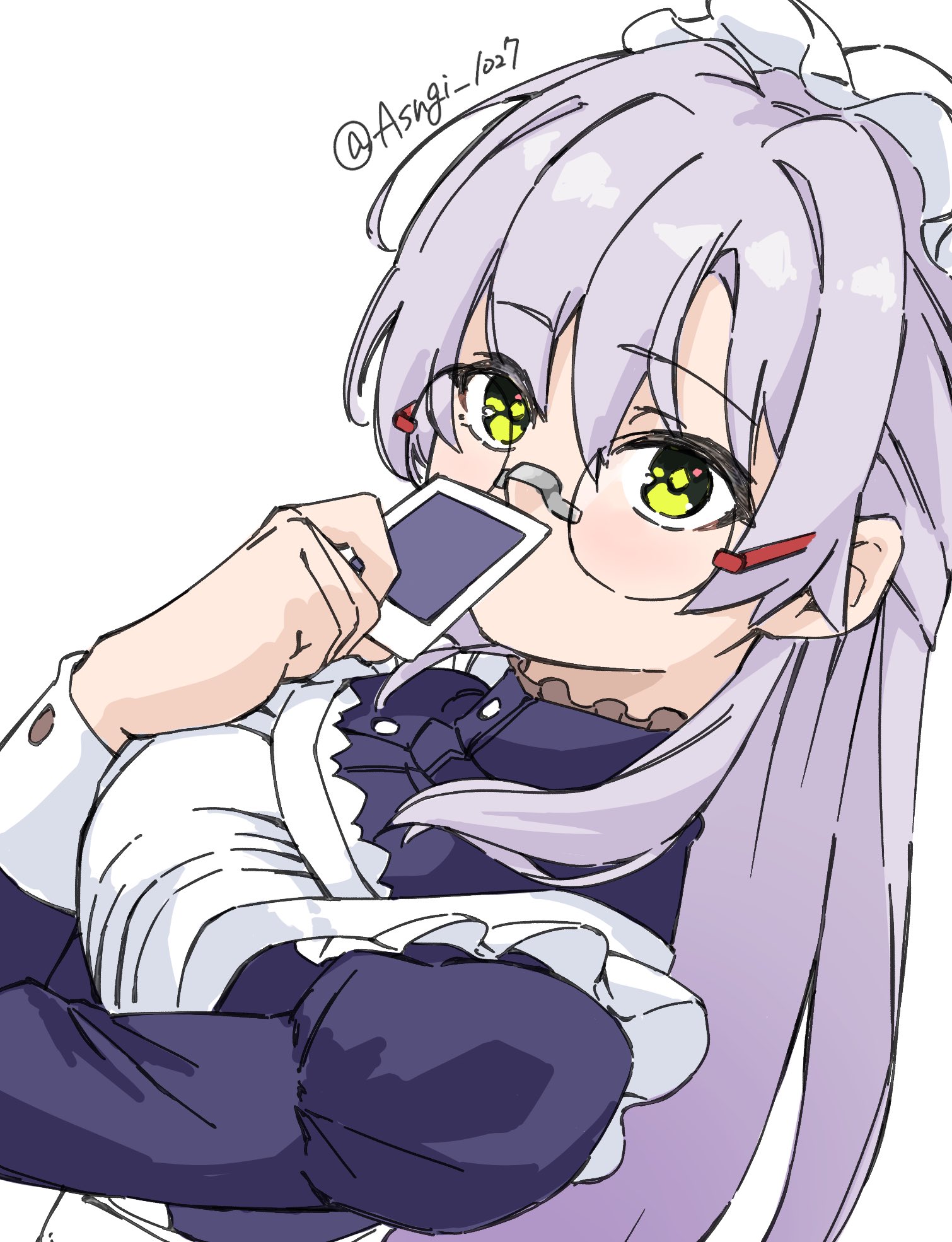 asngi 1027hana, izumi yuki (heaven burns red), heaven burns red, highres, 1girl, alternate costume, apron, enmaided, glasses, green eyes, grey hair, hair ornament, hair over shoulder, long hair, maid, maid apron, maid headdress, official alternate costume, official alternate hairstyle, round eyewear, solo, white apron