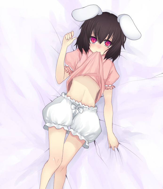 harano, inaba tewi, touhou, bad id, bad pixiv id, 1girl, animal ears, bed sheet, black hair, bloomers, bow, clothes lift, female focus, from above, lying, mouth hold, rabbit ears, red eyes, sheet grab, shirt lift, skirt, skirt lift, solo, tears, underwear, white bloomers