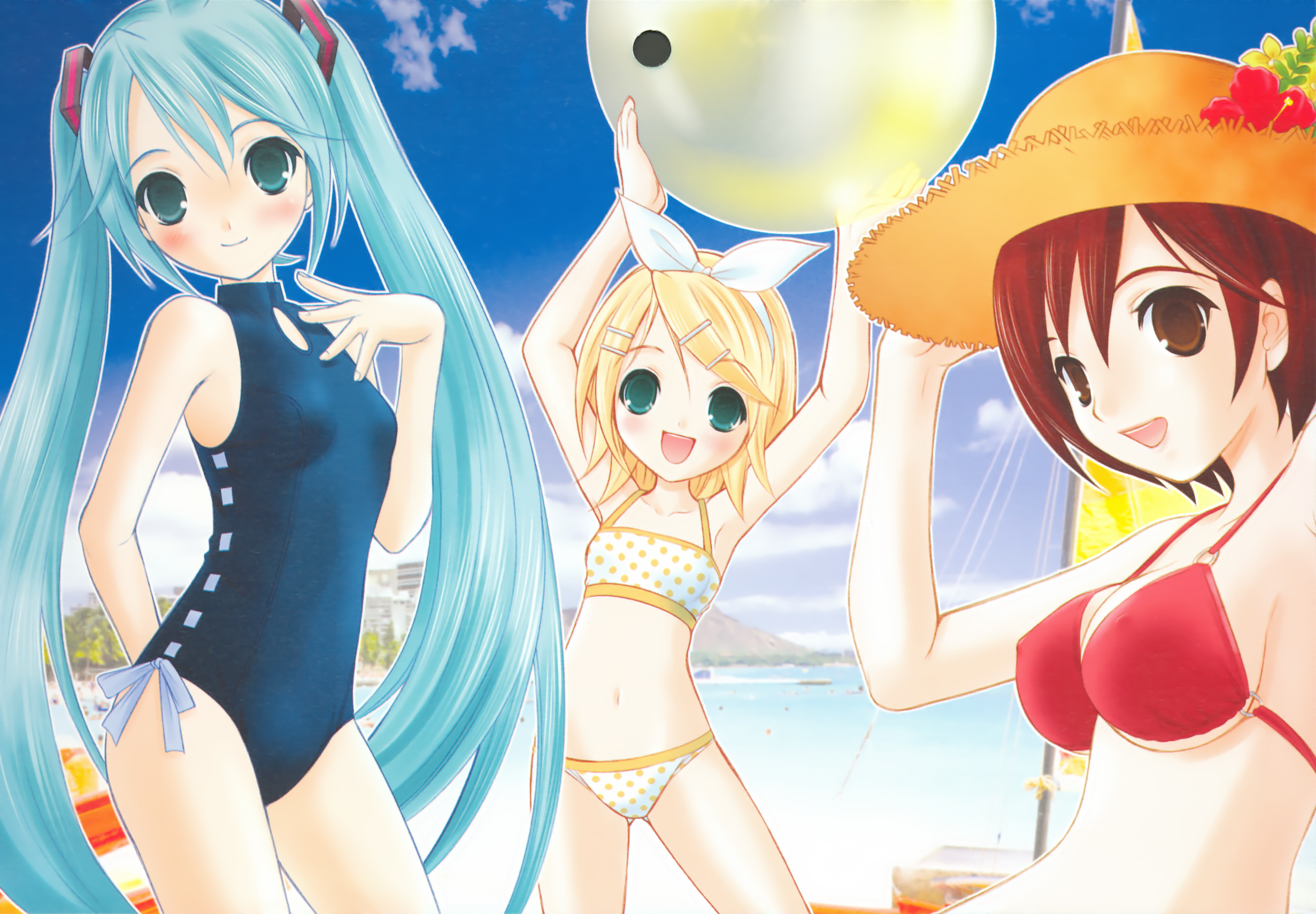 hapido, hatsune miku, kagamine rin, meiko (vocaloid), vocaloid, highres, 00s, 2008, aqua hair, bikini, blonde hair, breasts, brown eyes, calendar, navel, pireze, red hair, swimsuit, twintails
