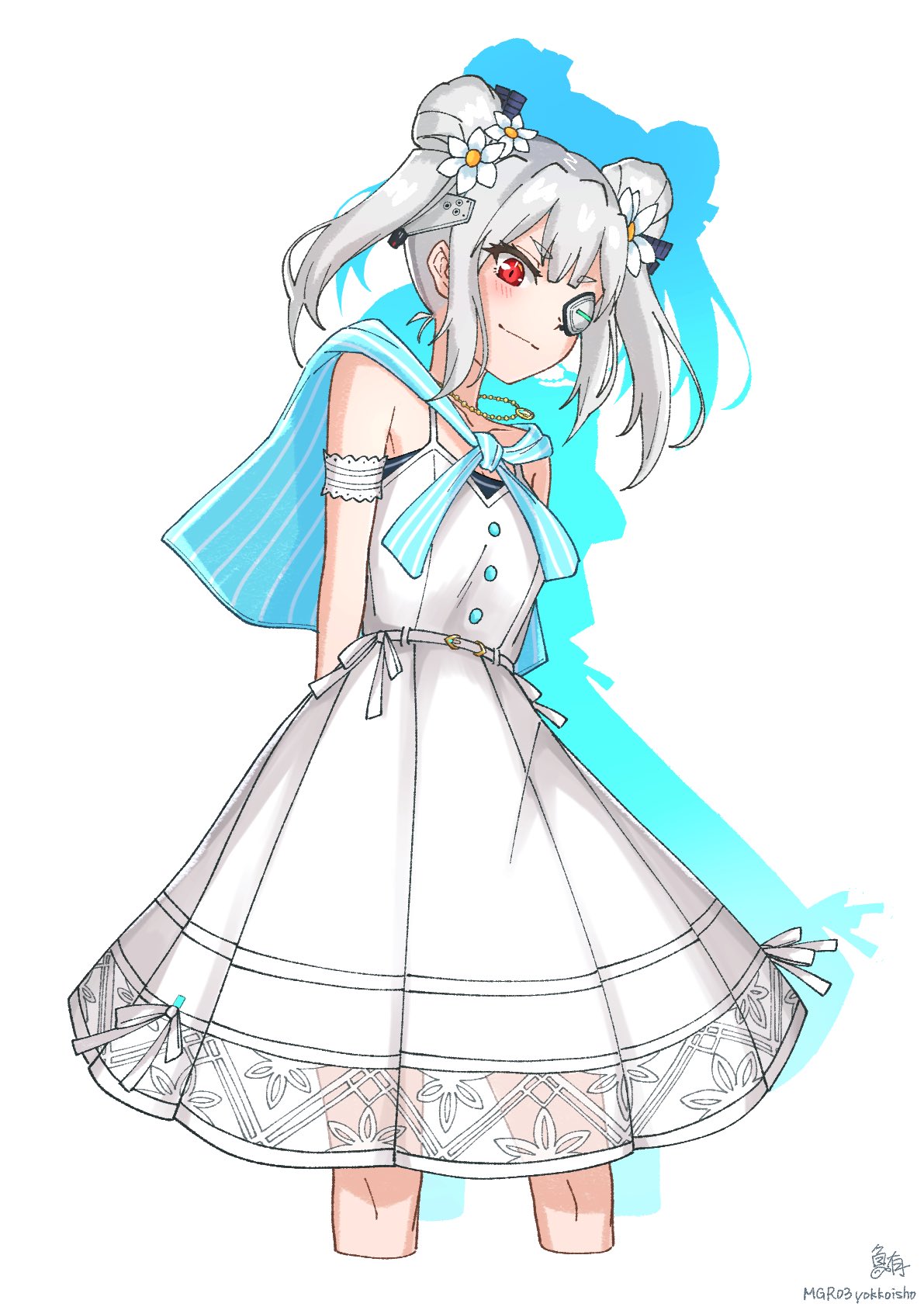 yamawaki bon ivar, heaven burns red, highres, 1girl, arm strap, double bun, dress, eyepatch, hair bun, hair ornament, mgr03, one eye covered, red eyes, solo, twintails, white dress, white hair