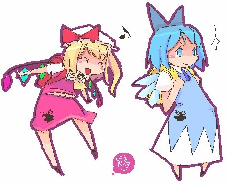 clear cross, cirno, flandre scarlet, touhou, lowres, 2girls, backpack, bag, chibi, female focus, hat, mob cap, multiple girls, oekaki, randoseru, ribbon, wings
