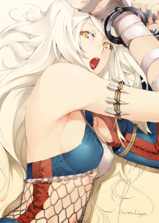 kyo (kuroichigo), capcom, monster hunter (series), 1girl, armband, bdsm, bondage, bound, breasts, cuffs, eyeliner, female focus, fishnets, handcuffs, long hair, lying, makeup, nargacuga (armor), on side, sideboob, signature, solo, white hair, yellow eyes