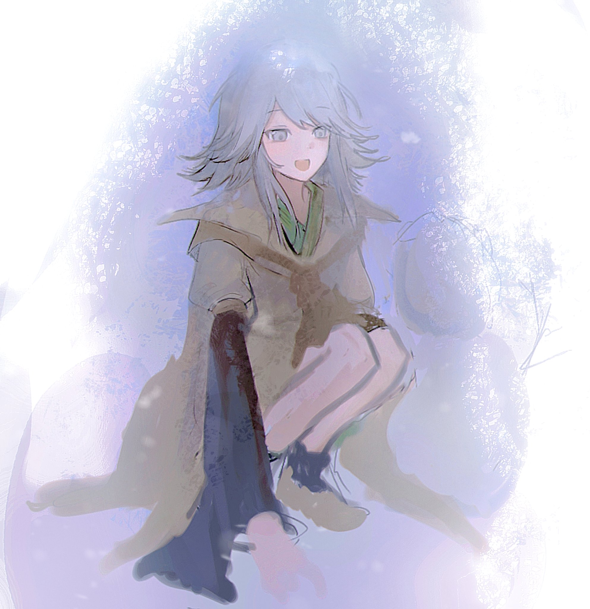 houlen yabusame, len'en, commentary, highres, symbol-only commentary, 1other, androgynous, ascot, bare legs, black kimono, black socks, blue background, boots, brown ascot, brown boots, brown coat, coat, coattails, collared coat, full body, grey eyes, grey hair, happy, japanese clothes, kimono, lapels, layered sleeves, long sleeves, looking ahead, notched lapels, open mouth, other focus, puffy short sleeves, puffy sleeves, reihi (w), short hair with long locks, short over long sleeves, short sleeves, sidelocks, smile, socks, solo, squatting, swept bangs, two-tone background, white background, wide sleeves