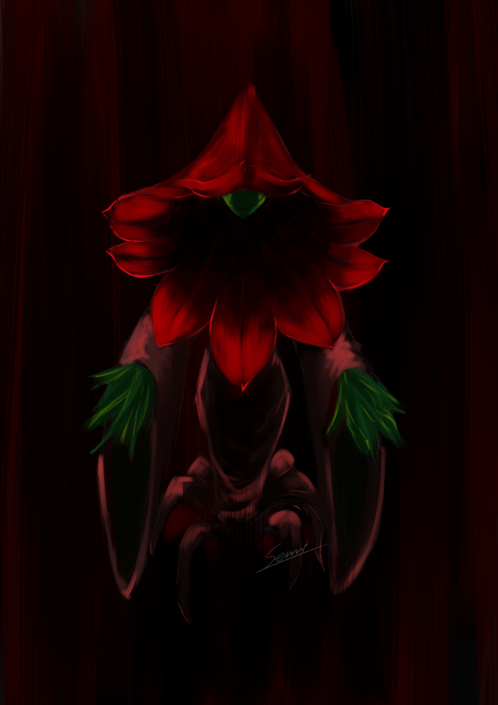 0903 senri, oleamon, digimon, 1girl, colored skin, digimon (creature), green skin, monster girl, petals, plant girl, smile