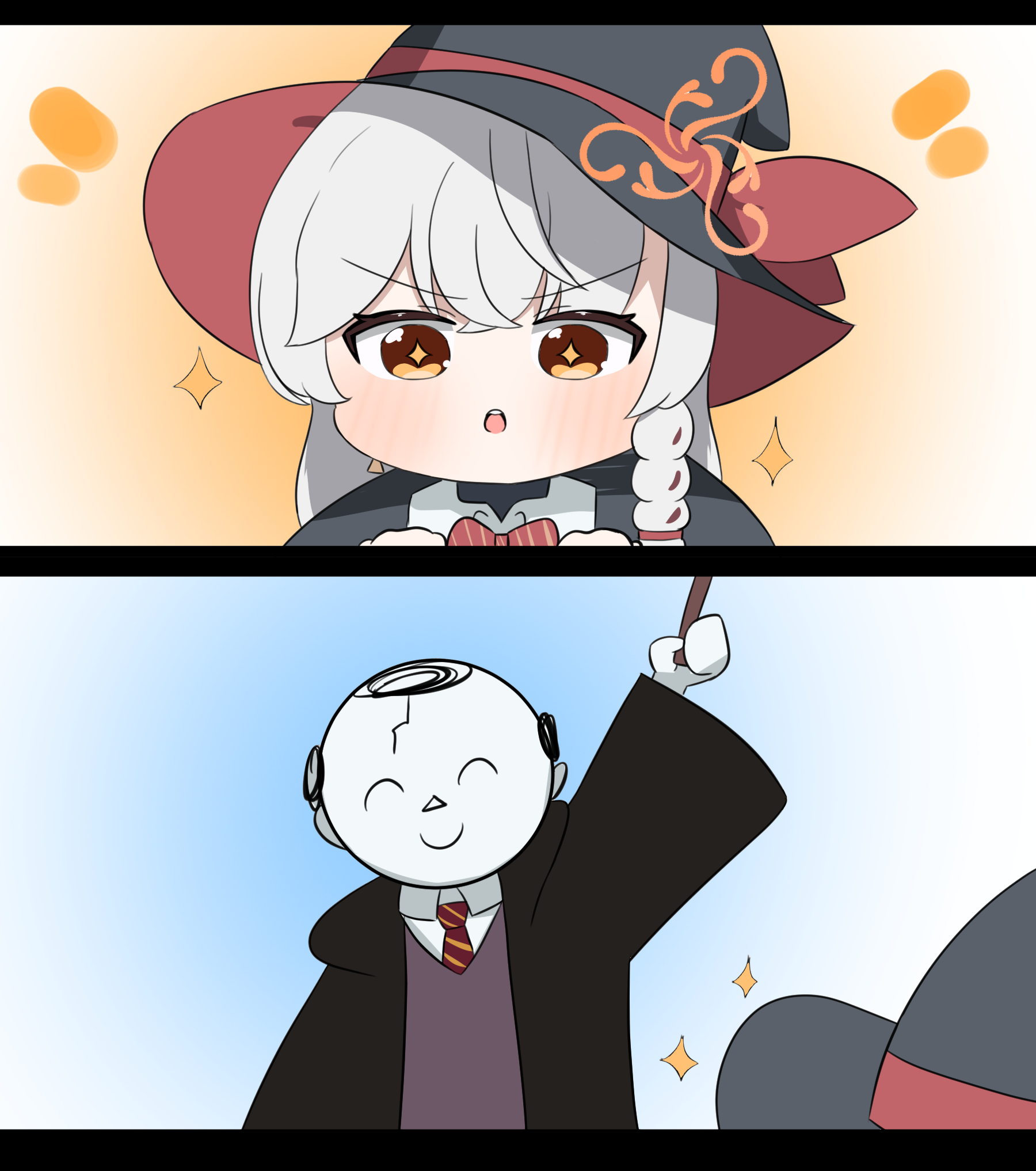 sabnak66, doodle sensei (blue archive), eri (blue archive), sensei (blue archive), blue archive, 1boy, 1girl, bow, bowtie, braid, chibi, halo, hat, holdng wand, jacket, long coat, long hair, necktie, orange eyes, shirt, skirt, sparkle, sparkling eyes, sweater, wand, white hair, witch hat