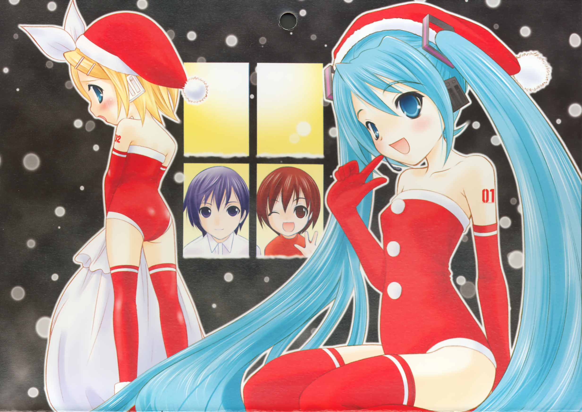 hapido, hatsune miku, kagamine rin, kaito (vocaloid), meiko (vocaloid), vocaloid, highres, 1boy, 3girls, blush, christmas, multiple girls, one eye closed, open mouth, wink