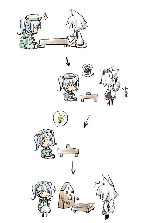 nabeshima tetsuhiro, inubashiri momiji, kawashiro nitori, touhou, 0 0, 2girls, :o, ^^^, board game, chibi, comic, cucumber, female focus, hat, light bulb, multiple girls, pom pom (clothes), shogi, silent comic, speech bubble, squiggle, sweatdrop, tokin hat, two side up