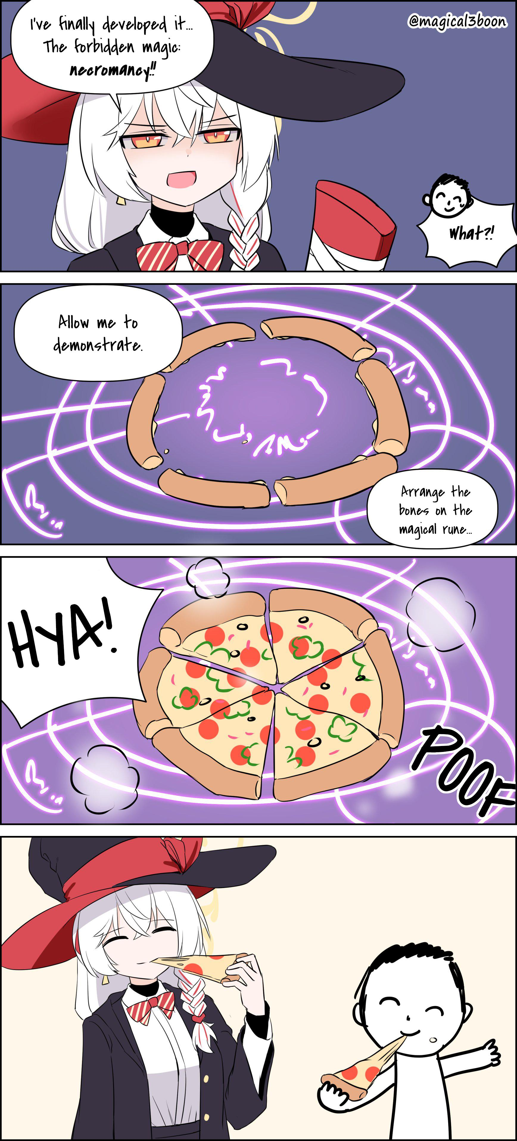 threeboon, doodle sensei (blue archive), eri (blue archive), sensei (blue archive), blue archive, 1boy, 1girl, bow, bowtie, braid, comic, eating, english translation, food, gun, halo, hat, jacket, long coat, long hair, magic circle, orange eyes, pizza, pizza crust, shirt, smoke puffs, sweater, weapon, white hair, witch hat