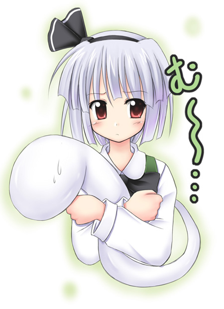 exe (artist), xe (execut3r), konpaku youmu, konpaku youmu (ghost), touhou, silver hair, 1girl, :<, female focus, hitodama, hug, red eyes, ribbon, short hair, solo