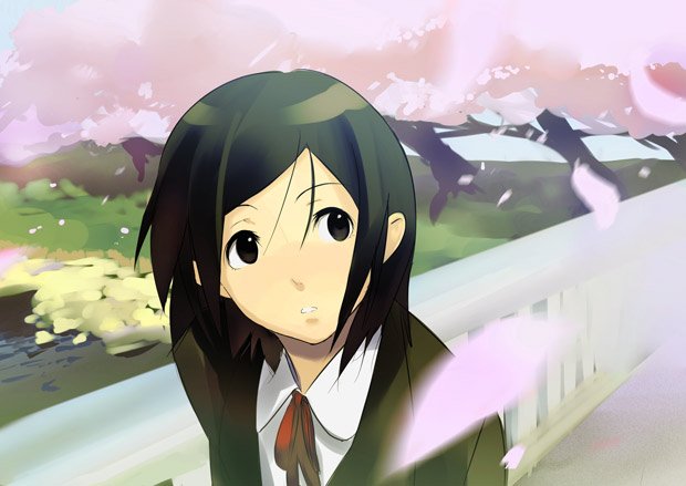 watarai keiji, original, bad id, bad pixiv id, black eyes, black hair, cherry blossoms, outdoors, school uniform, serafuku, short hair, solo