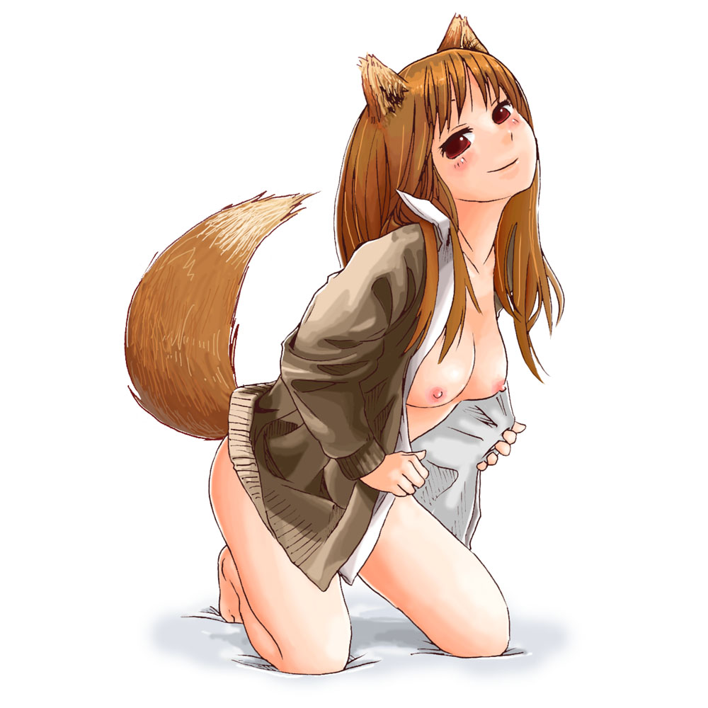 abekawa, holo, spice and wolf, 00s, 1girl, animal ears, barefoot, bottomless, breasts, brown hair, female focus, medium breasts, nipples, nude, open clothes, open shirt, red eyes, shirt, solo, tail, undressing, wolf ears, wolf girl, wolf tail
