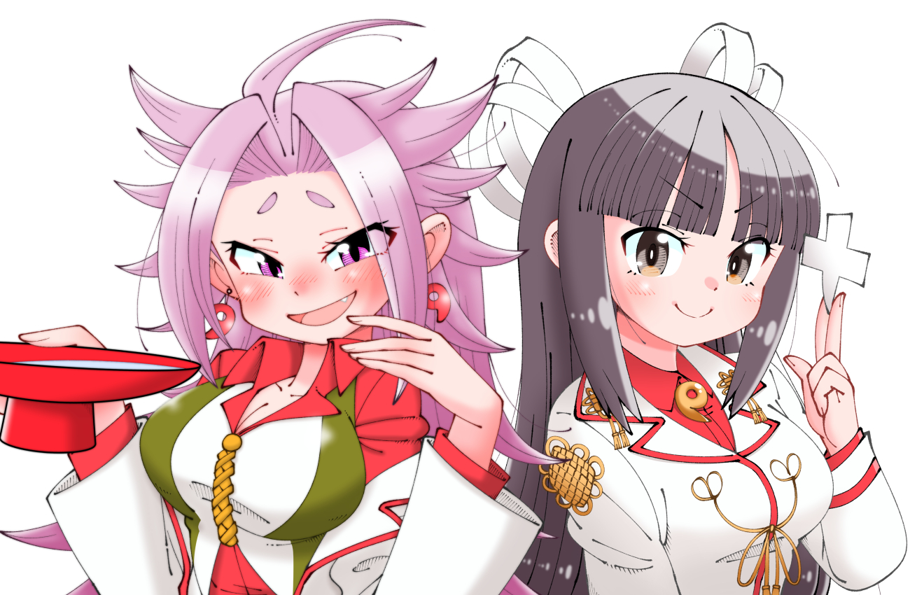 shin (shin k009), hiyou (kancolle), jun'you (kancolle), kantai collection, hashtag-only commentary, 2girls, black hair, blunt bangs, breasts, brown eyes, cup, drunk, hair ribbon, holding, holding cup, jacket, long hair, magatama, medium breasts, multiple girls, purple eyes, purple hair, red shirt, ribbon, sakazuki, shikigami, shirt, simple background, smile, spiked hair, suit jacket, upper body, white background, white jacket