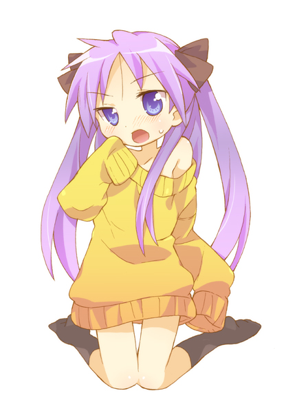 tachitsu teto, hiiragi kagami, lucky star, 00s, 1girl, bare shoulders, blue eyes, blush, bottomless, bow, dress, female focus, kneeling, large sweater, long hair, long sleeves, oversized clothes, purple hair, ribbon, sleeves past wrists, socks, solo, sweater, sweater dress, twintails