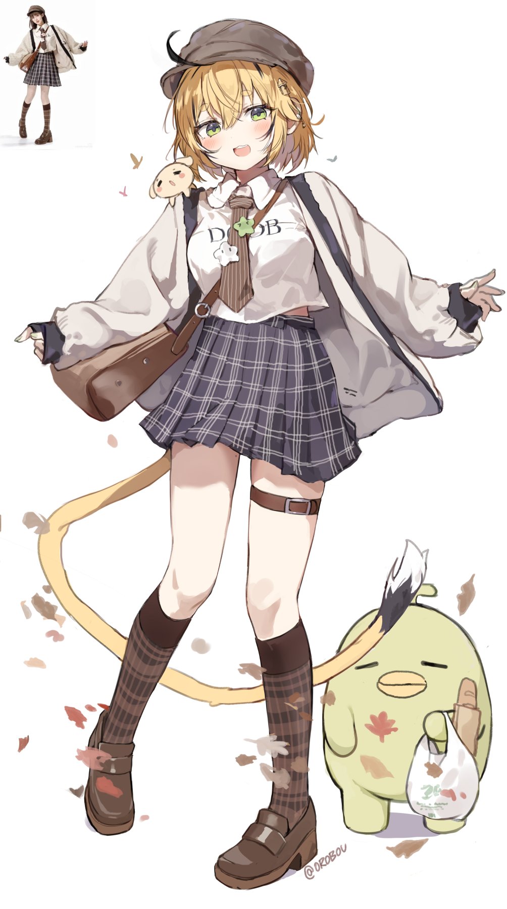 orobou, kippu (dooby), indie virtual youtuber, commentary, english commentary, highres, photo-referenced, 1girl, ahoge, black hair, blonde hair, breasts, brown bag, checkered clothes, checkered skirt, dooby, green eyes, hat, jerboa tail, leaf, looking at viewer, multicolored hair, open mouth, photo inset, reference inset, shirt, short hair, simple background, skirt, smile, solo, streaked hair, tail, virtual youtuber, white background