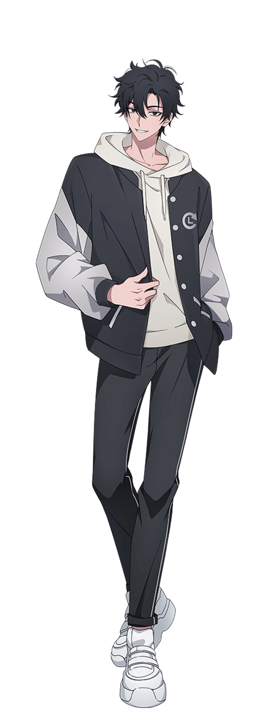 inplick, cheng xiaoshi, shiguang dailiren, highres, official art, 1boy, ahoge, anime coloring, black hair, black jacket, black pants, collarbone, collared shirt, full body, hair between eyes, hand in pocket, hood, hood down, hooded shirt, jacket, long sleeves, looking at viewer, male focus, multicolored jacket, open clothes, open jacket, open mouth, pants, pants rolled up, shirt, shoes, short hair, simple background, smile, solo, standing, tachi-e, teeth, transparent background, two-tone jacket, white hood, white shirt, white shoes